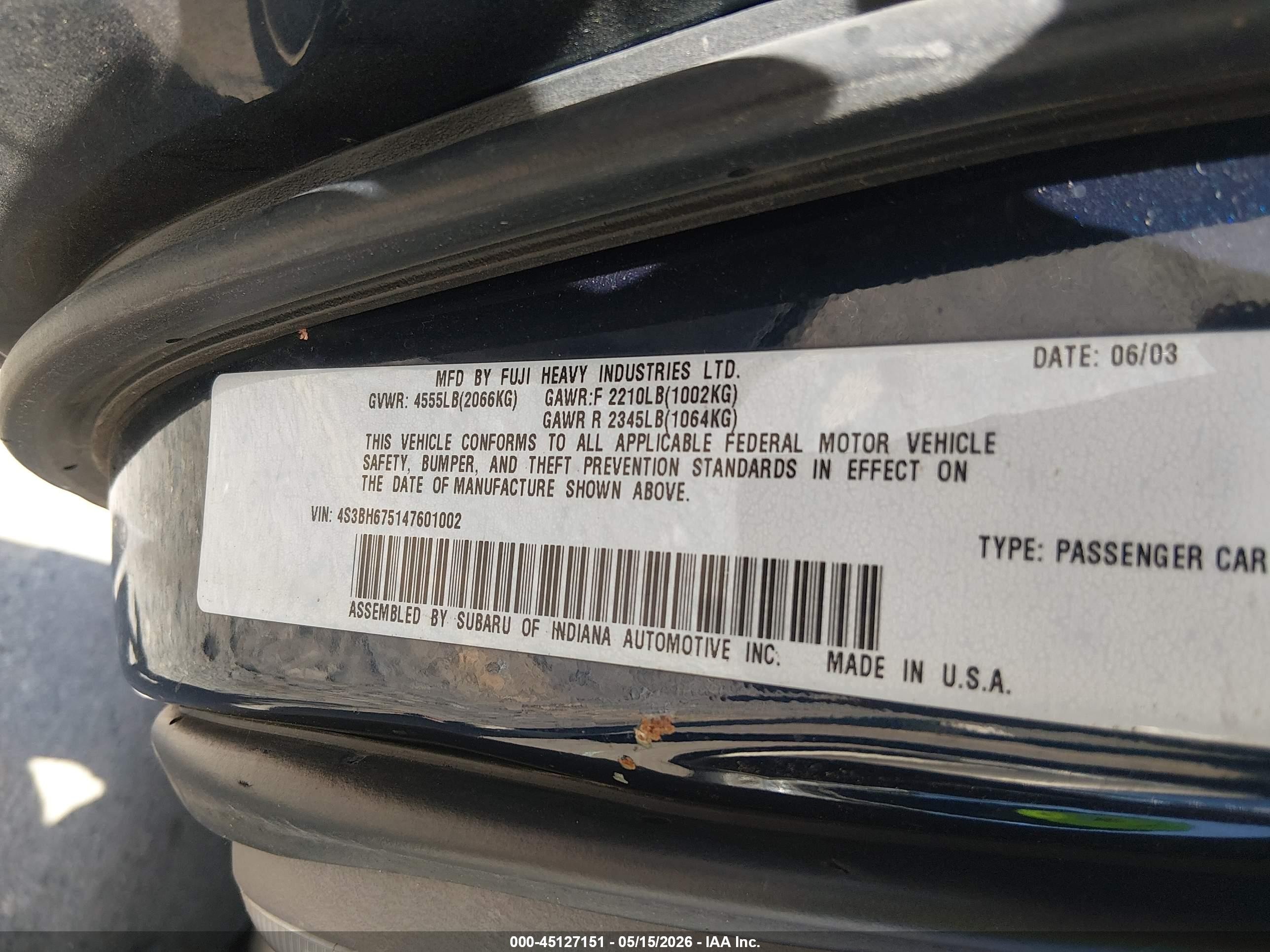 2004 Subaru Outback   Blue vin: 4S3BH675147601002