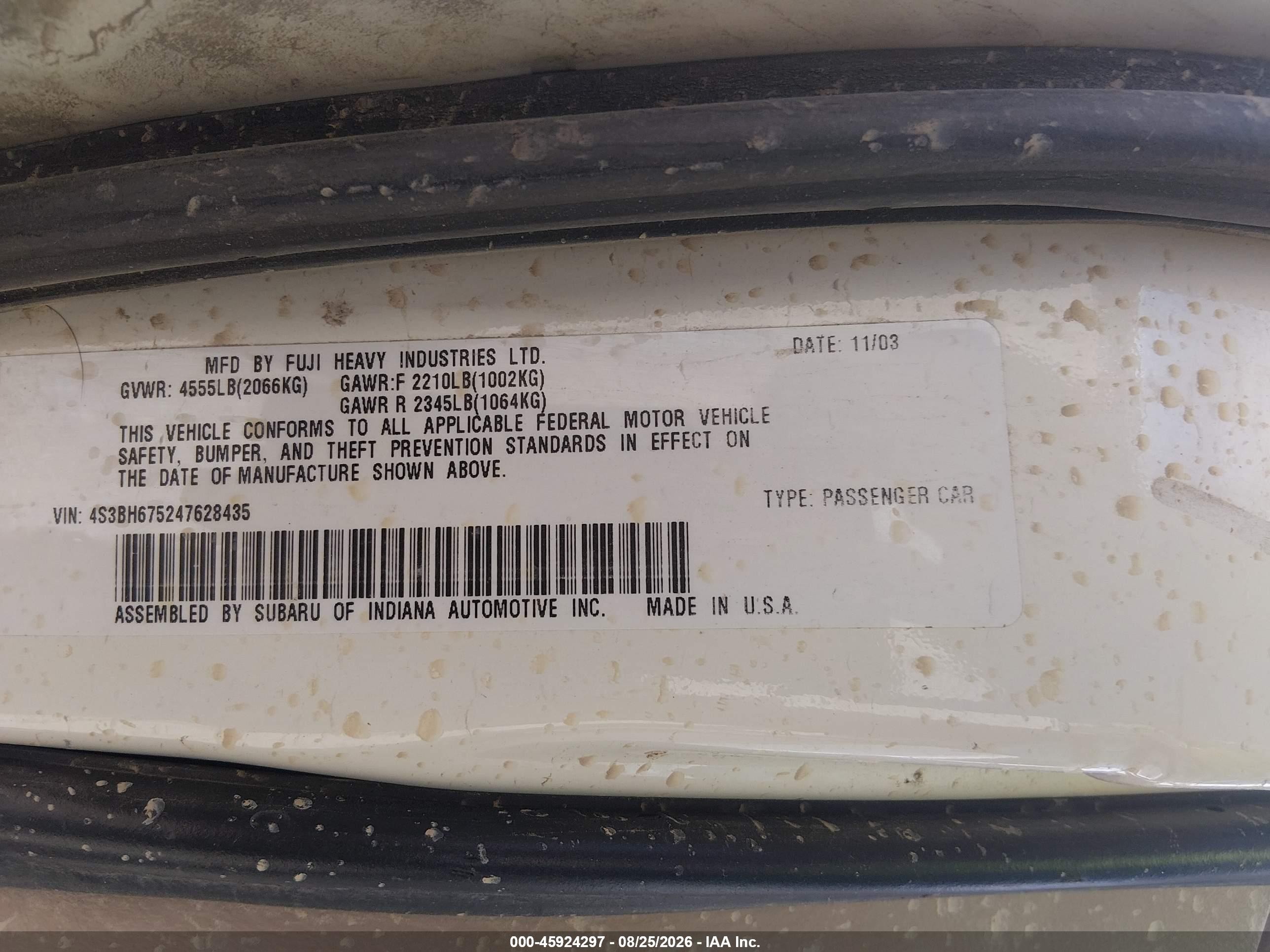2004 Subaru Outback   White vin: 4S3BH675247628435