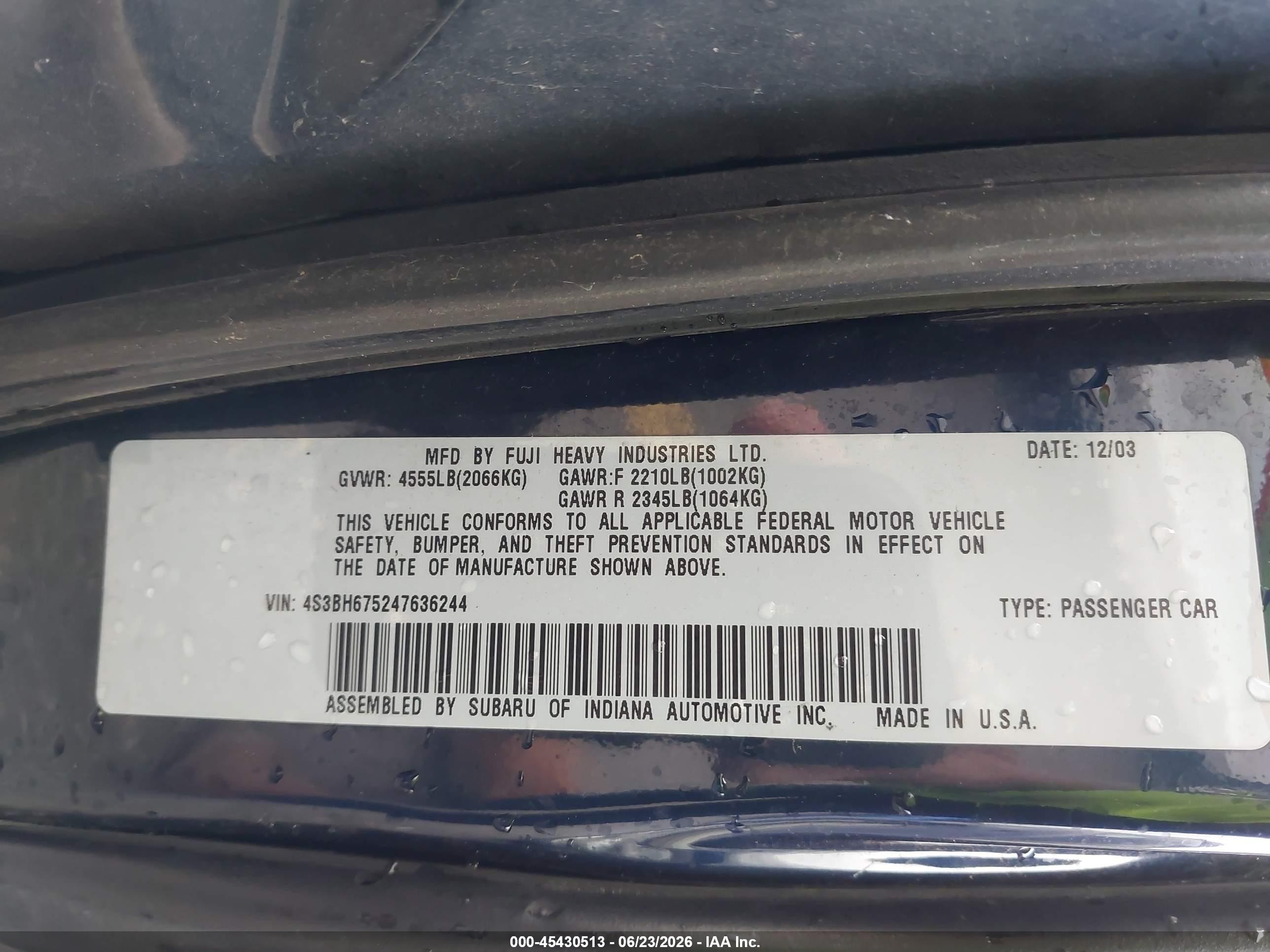 2004 Subaru Outback   Синий vin: 4S3BH675247636244