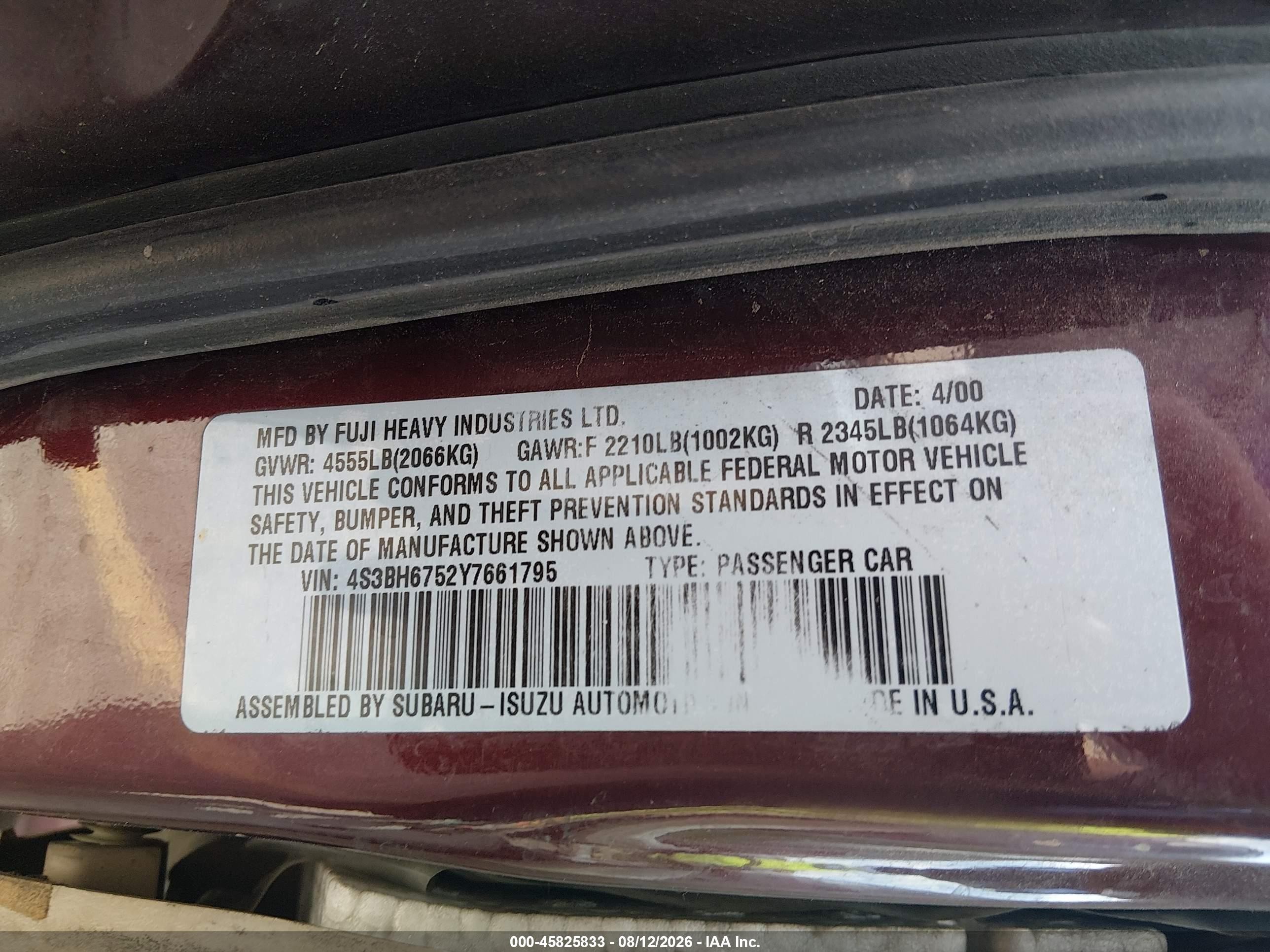2000 Subaru Outback   Red vin: 4S3BH6752Y7661795