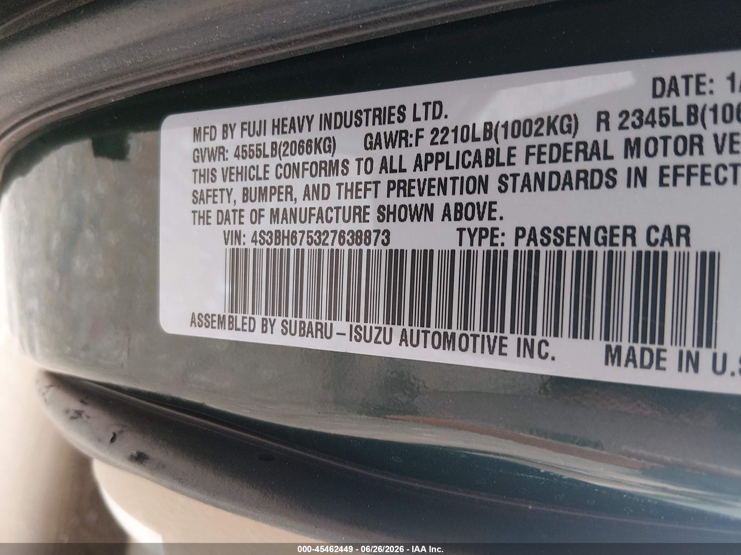 2002 Subaru Outback   Зеленый vin: 4S3BH675327638873