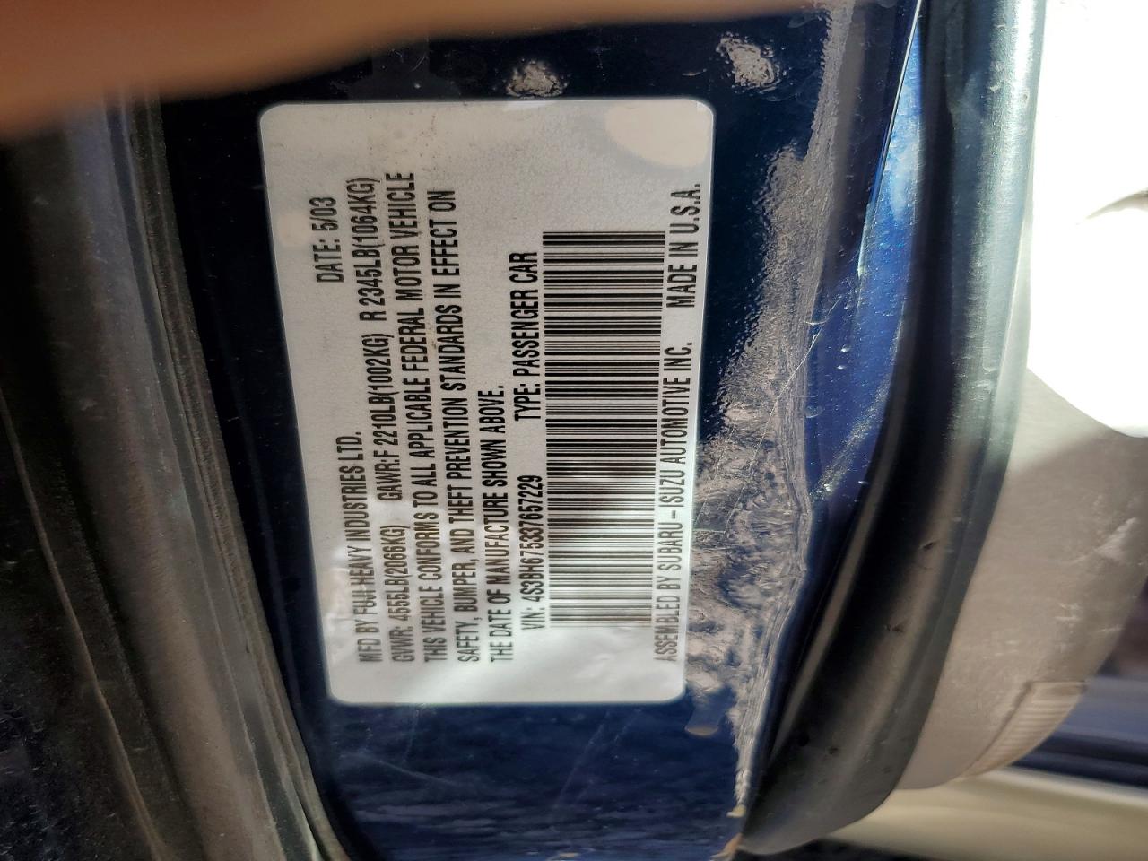 2003 Subaru Legacy Outback Awp Blue vin: 4S3BH675337657229
