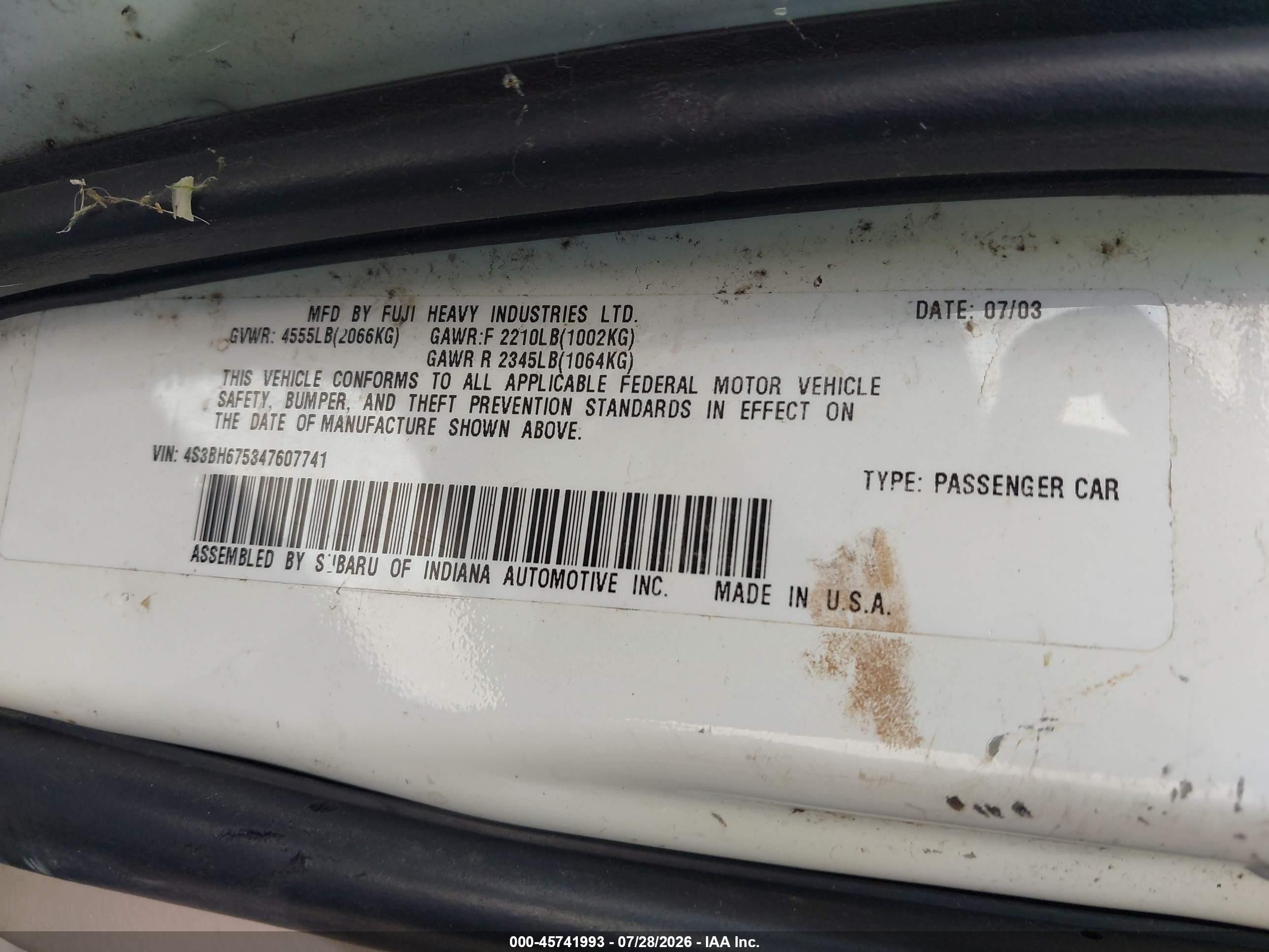 2004 Subaru Outback   White vin: 4S3BH675347607741