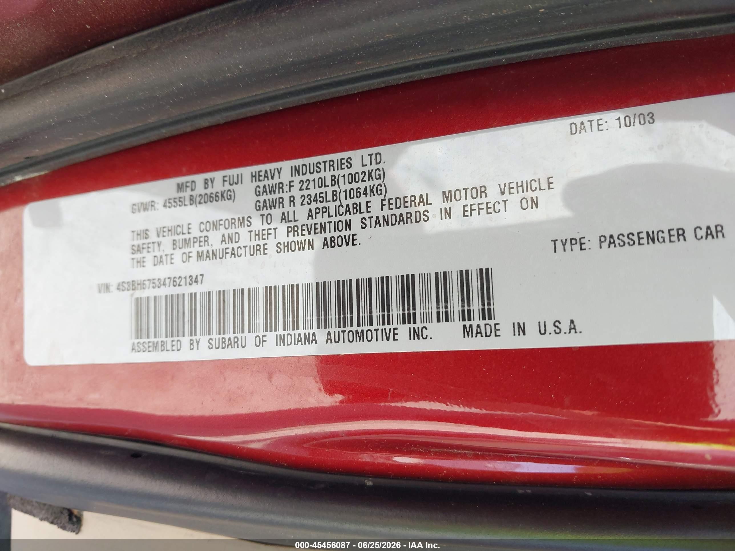 2004 Subaru Outback   Red vin: 4S3BH675347621347