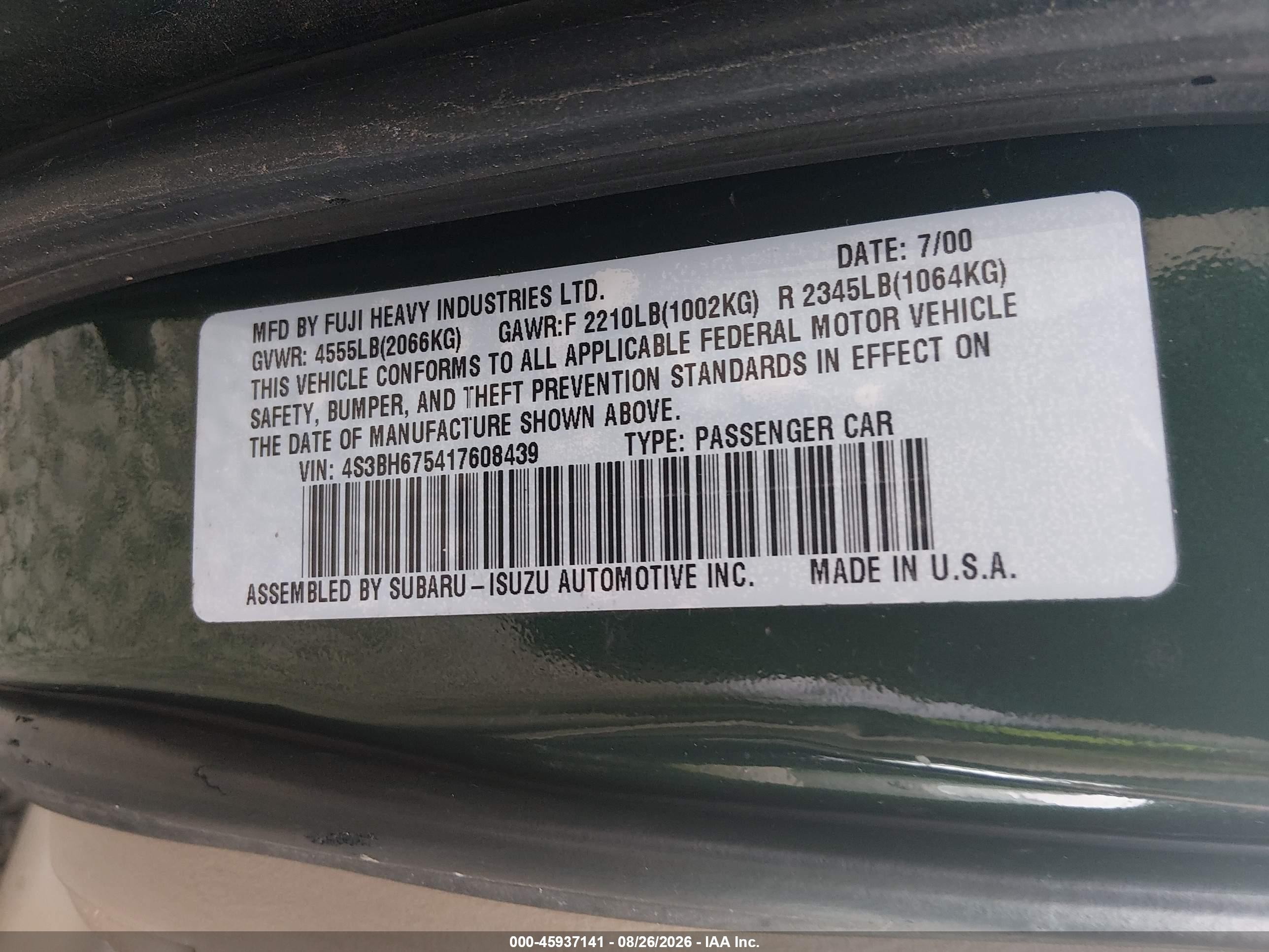 2001 Subaru Outback   Green vin: 4S3BH675417608439