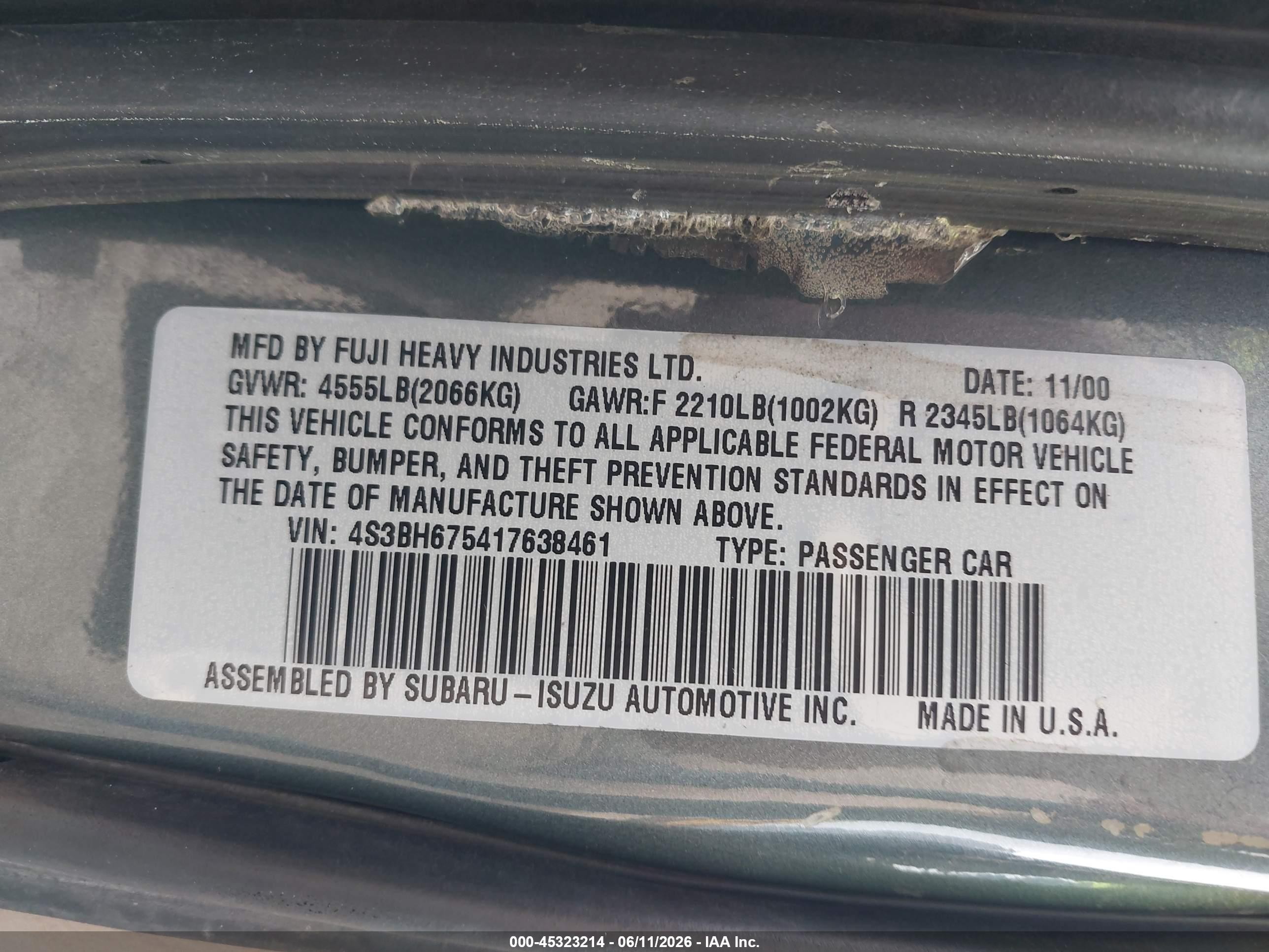 2001 Subaru Outback   Green vin: 4S3BH675417638461