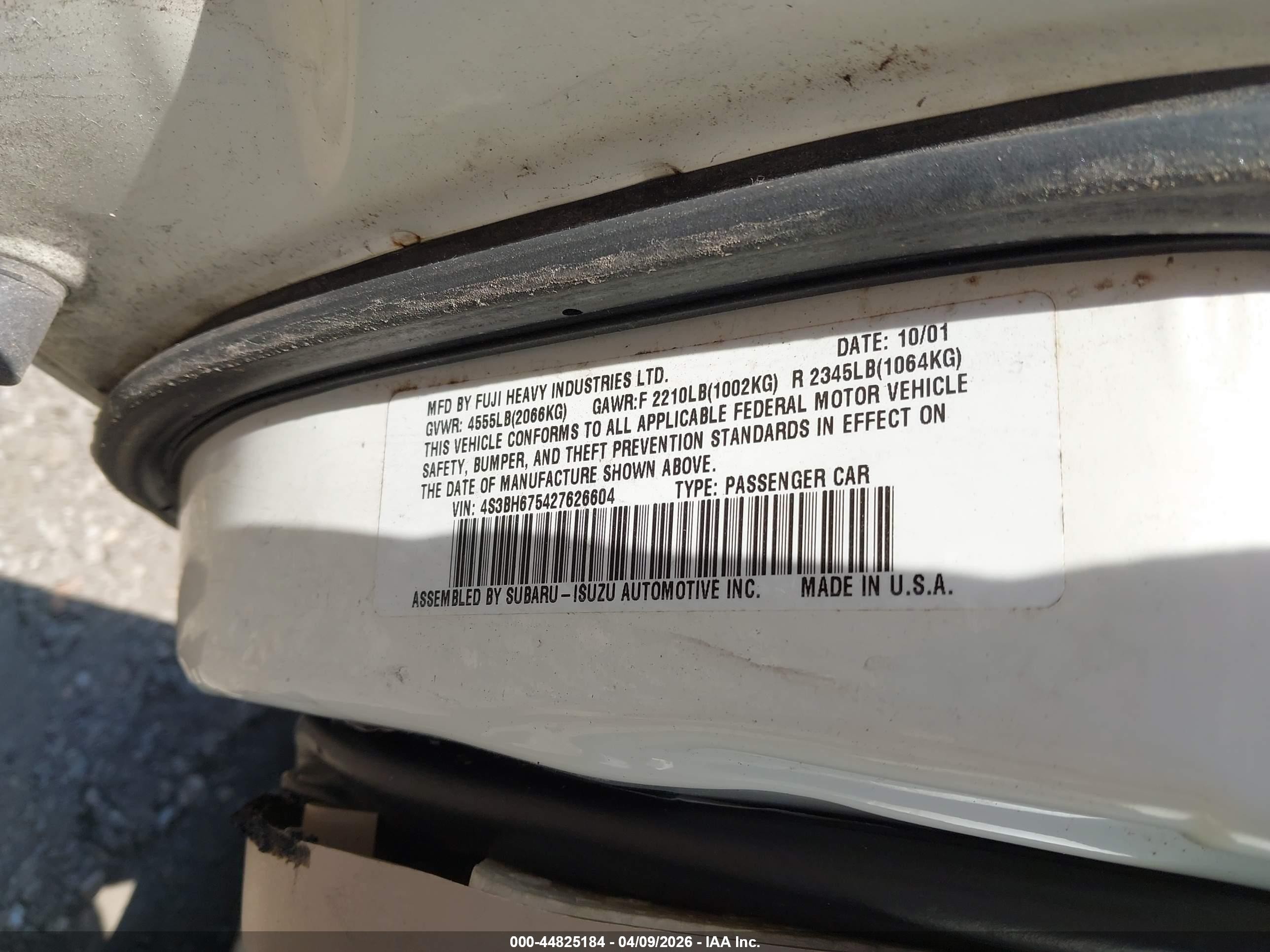 2002 Subaru Outback   White vin: 4S3BH675427626604