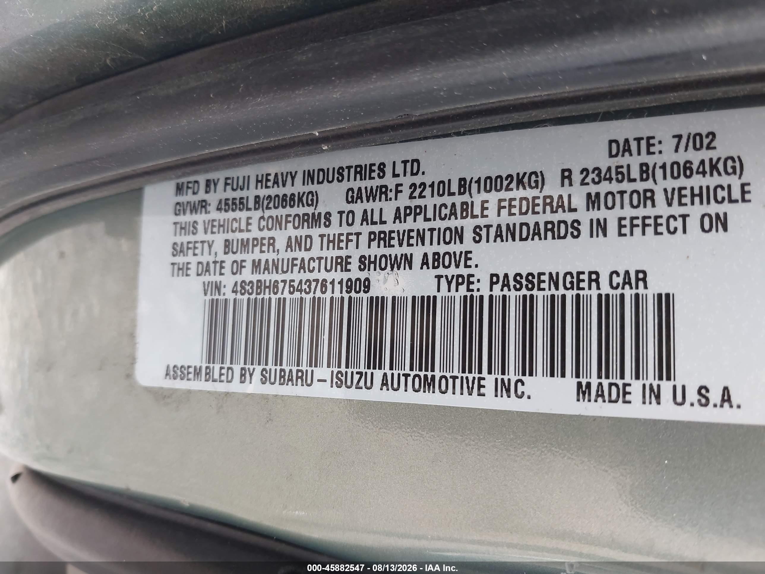 2003 Subaru Outback   Зеленый vin: 4S3BH675437611909