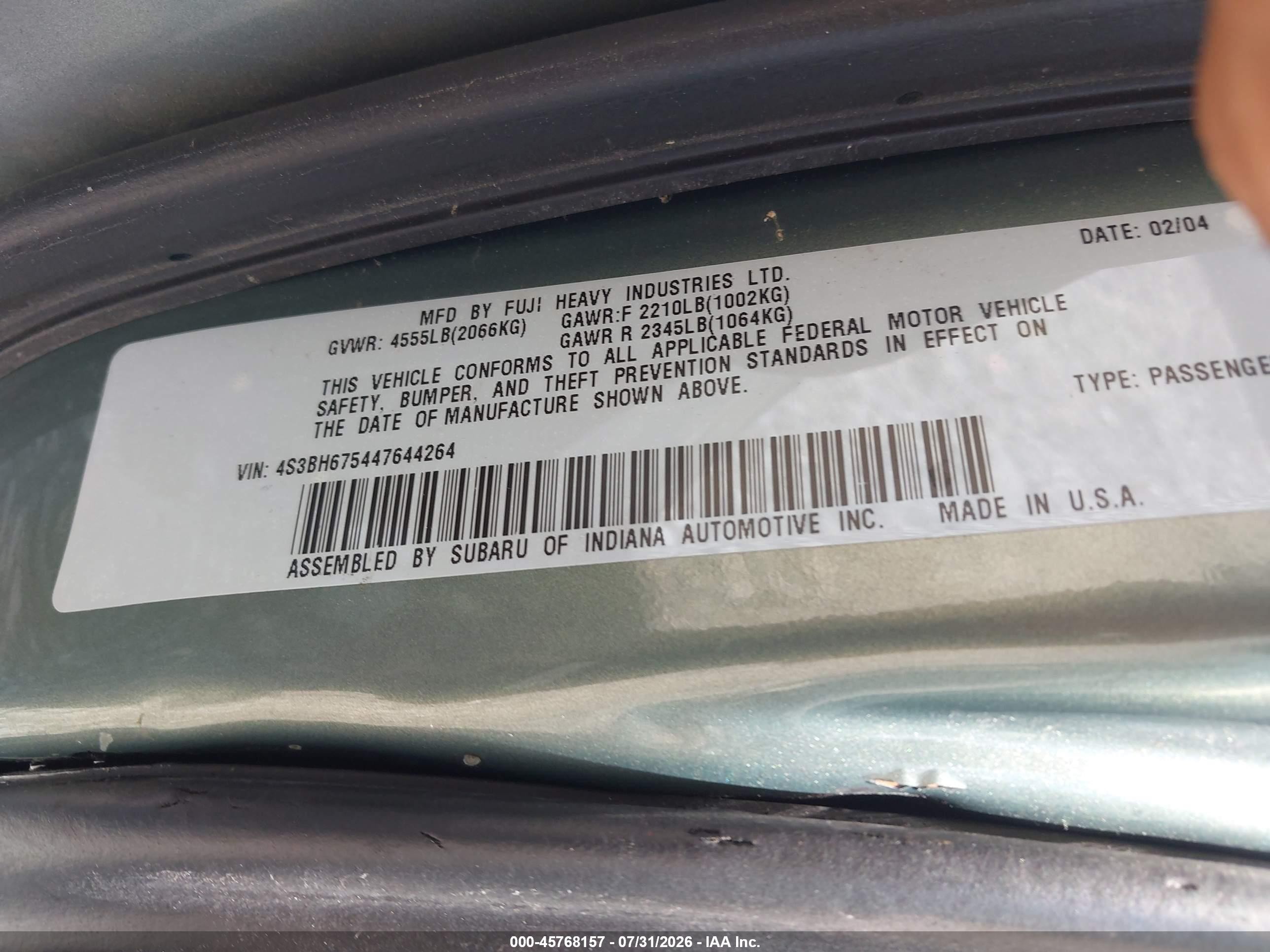 2004 Subaru Outback   Зеленый vin: 4S3BH675447644264