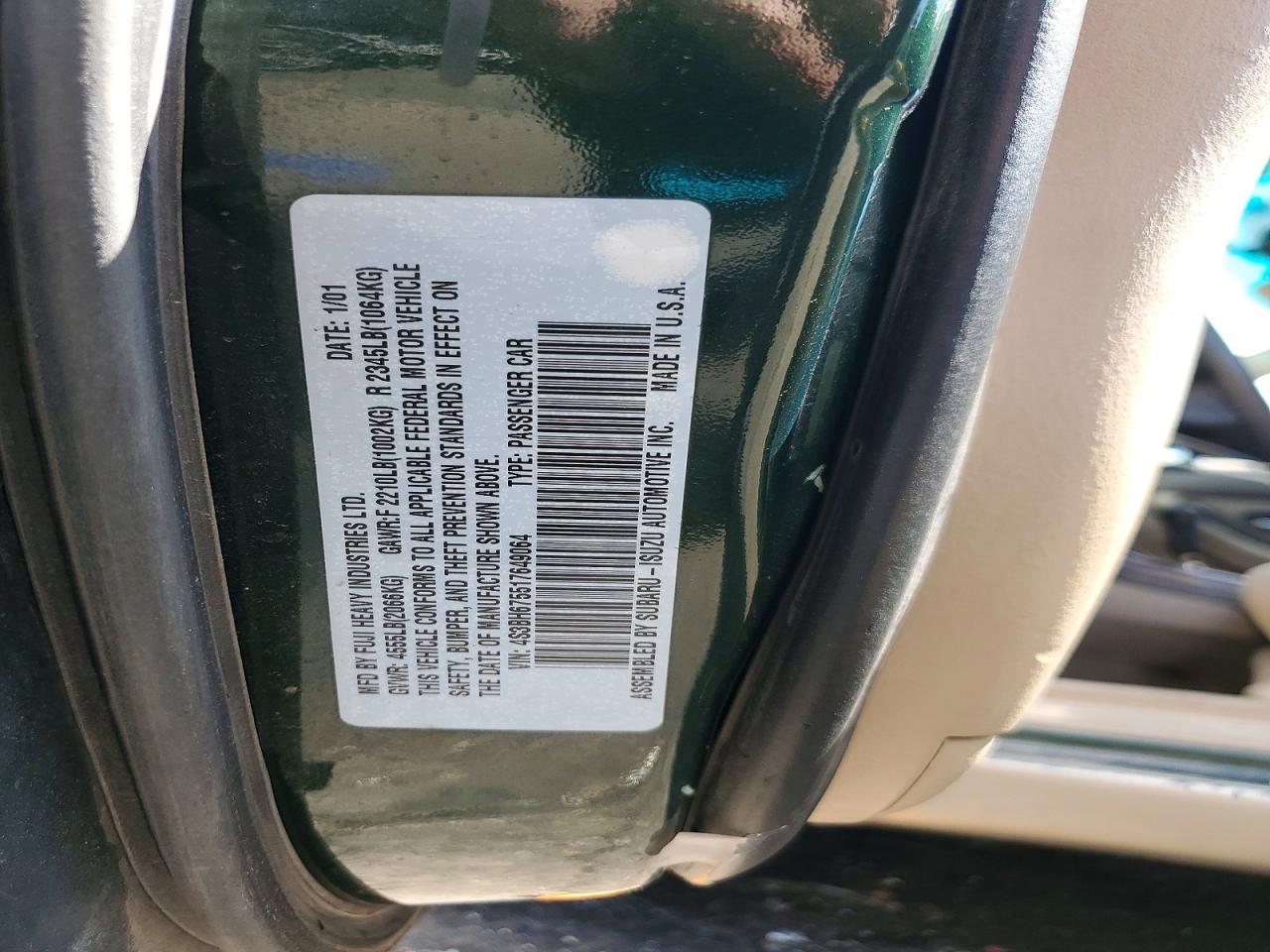 2001 Subaru Legacy Outback Awp Green vin: 4S3BH675517649064