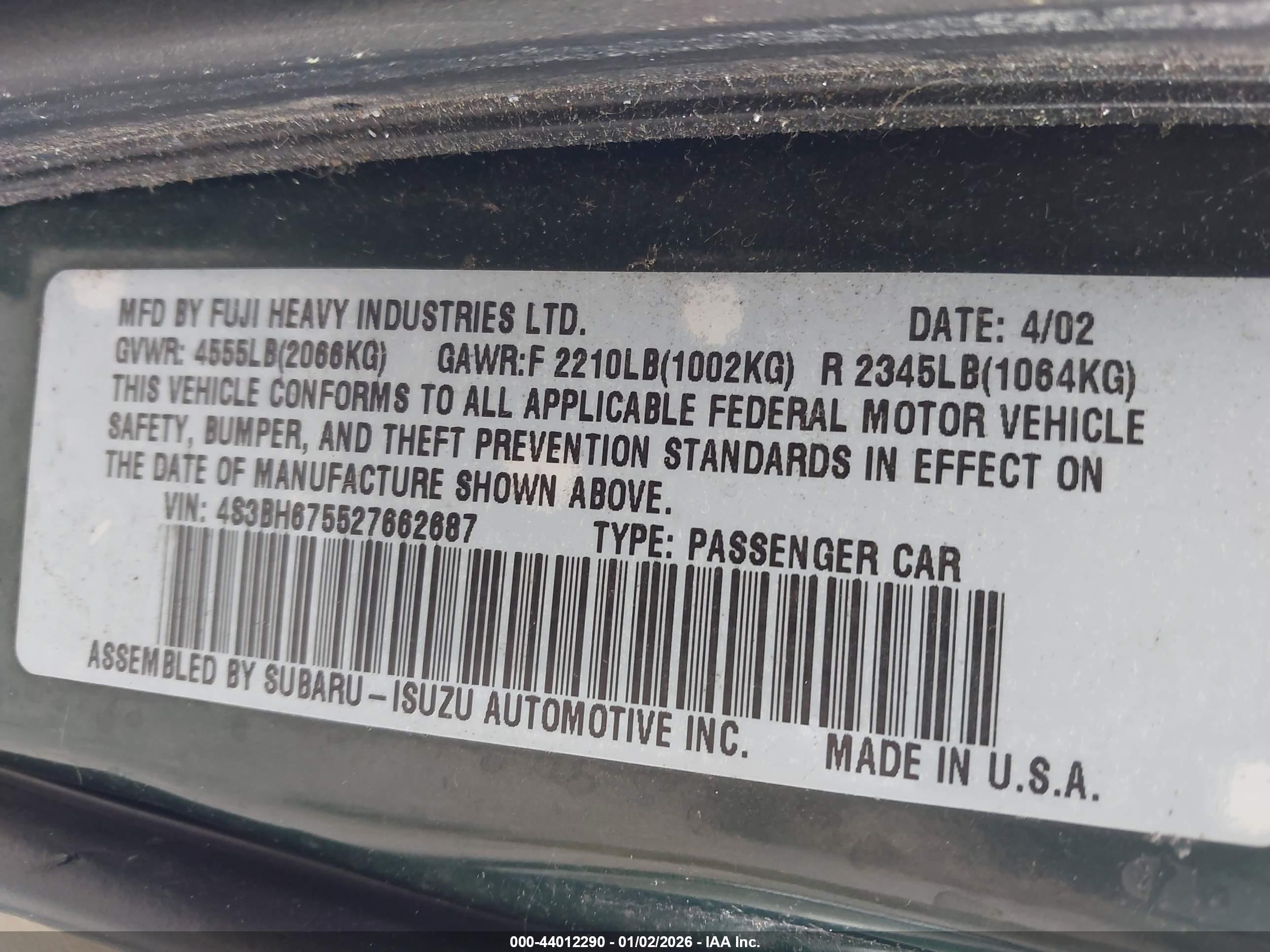 2002 Subaru Outback   Green vin: 4S3BH675527662687