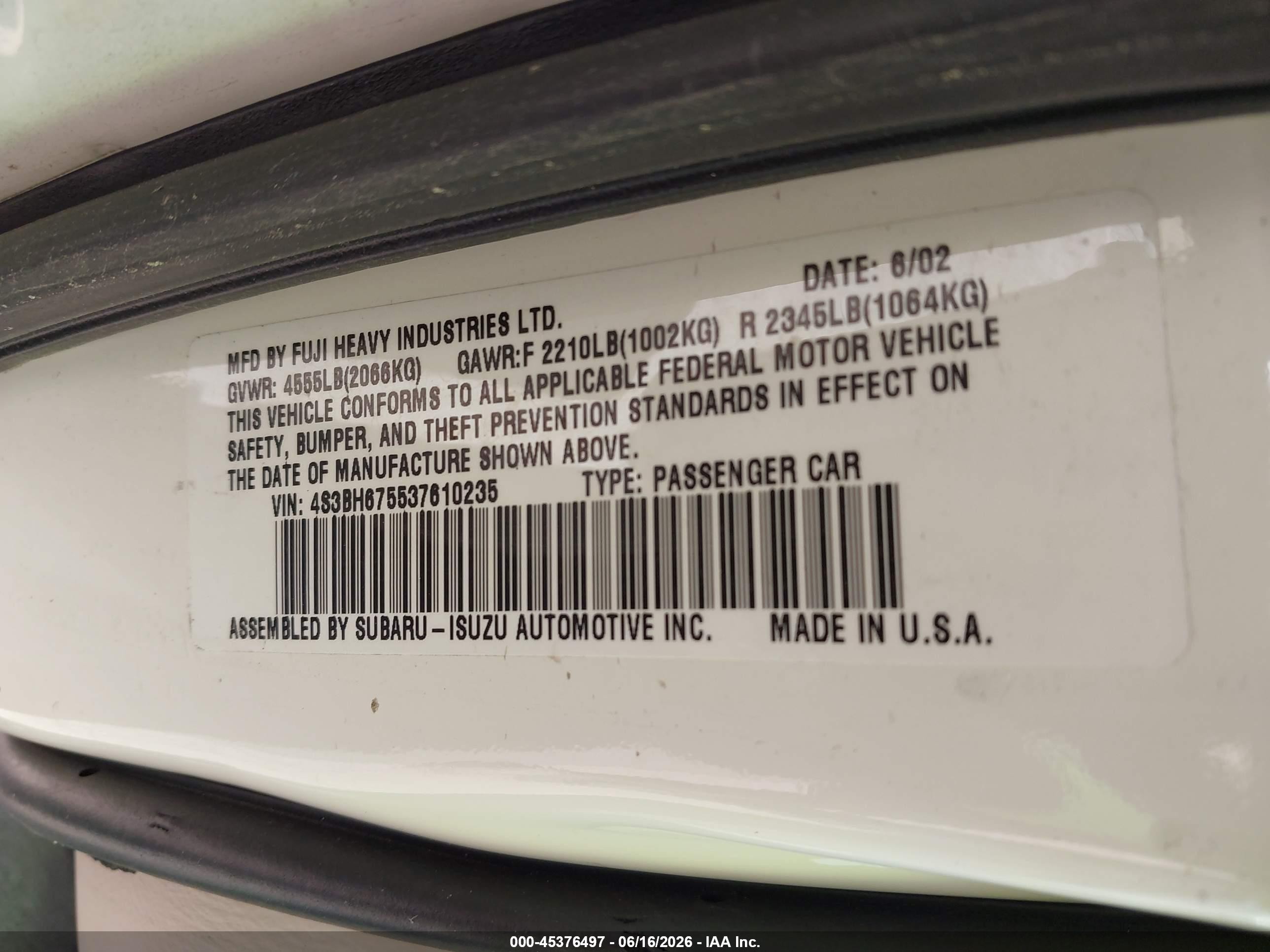 2003 Subaru Outback White vin: 4S3BH675537610235