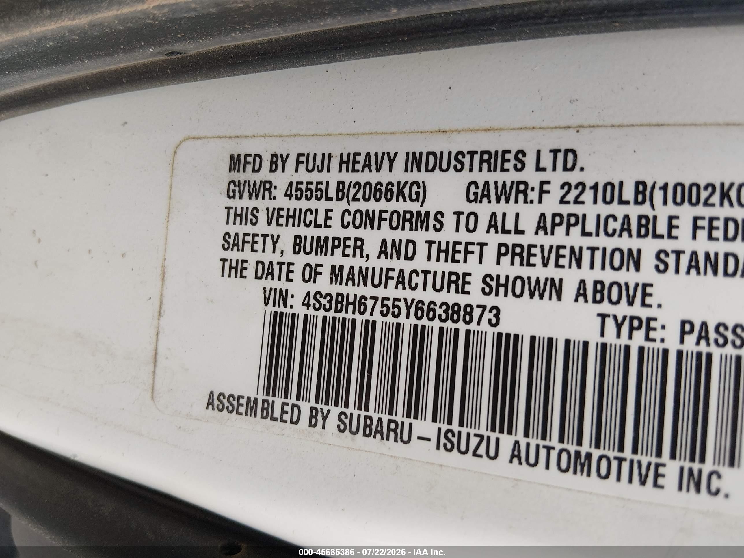 2000 Subaru Outback   White vin: 4S3BH6755Y6638873