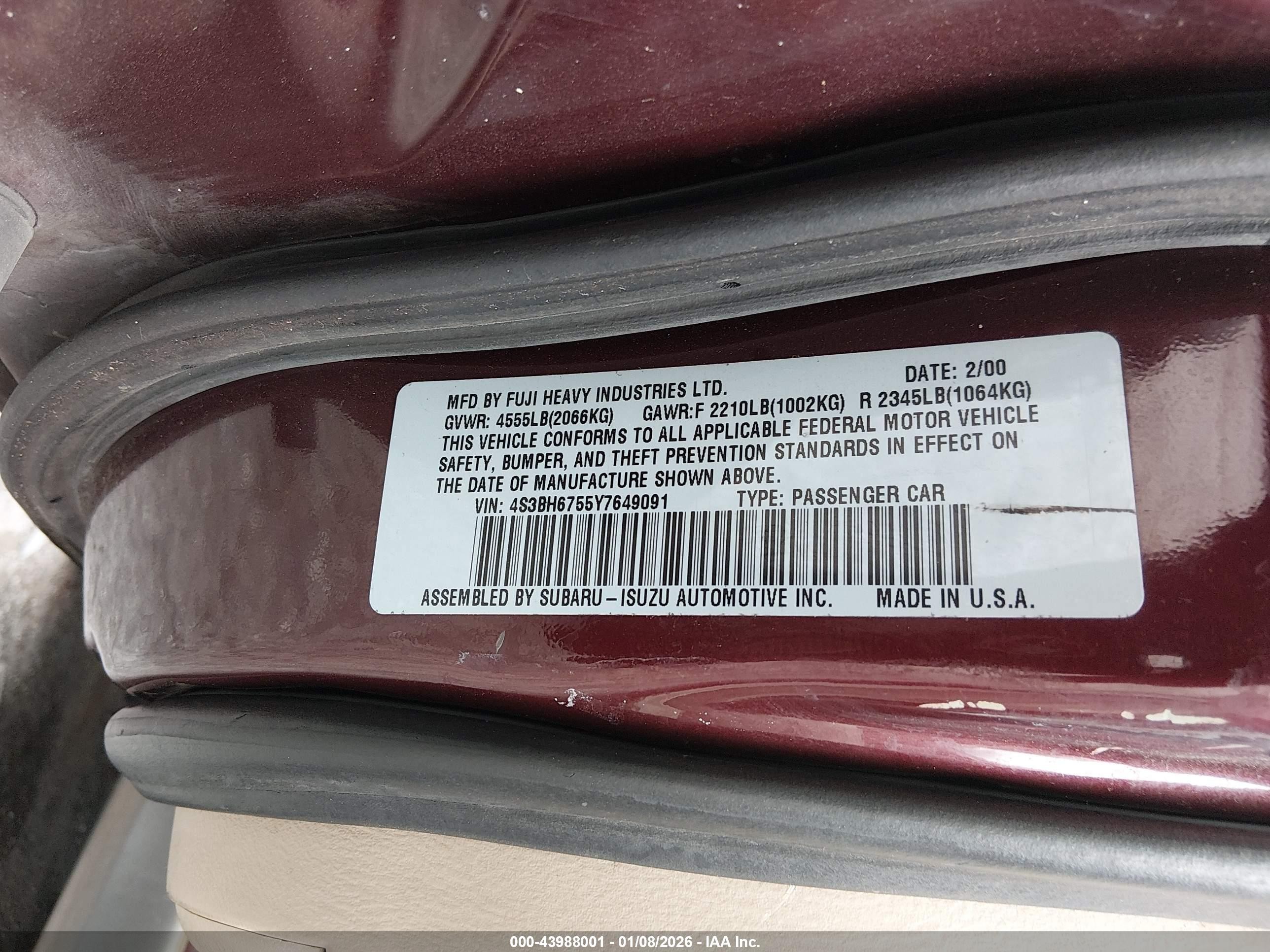 2000 Subaru Outback   Burgundy vin: 4S3BH6755Y7649091