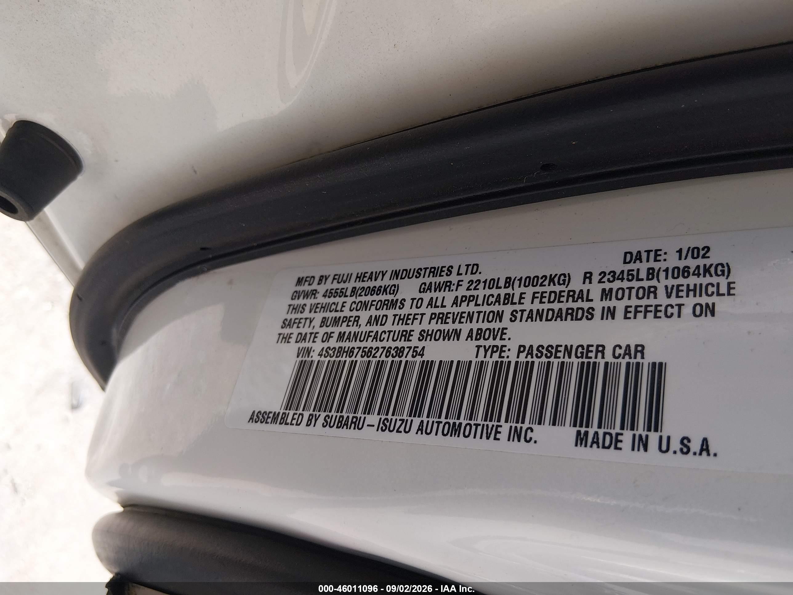 2002 Subaru Outback White vin: 4S3BH675627638754