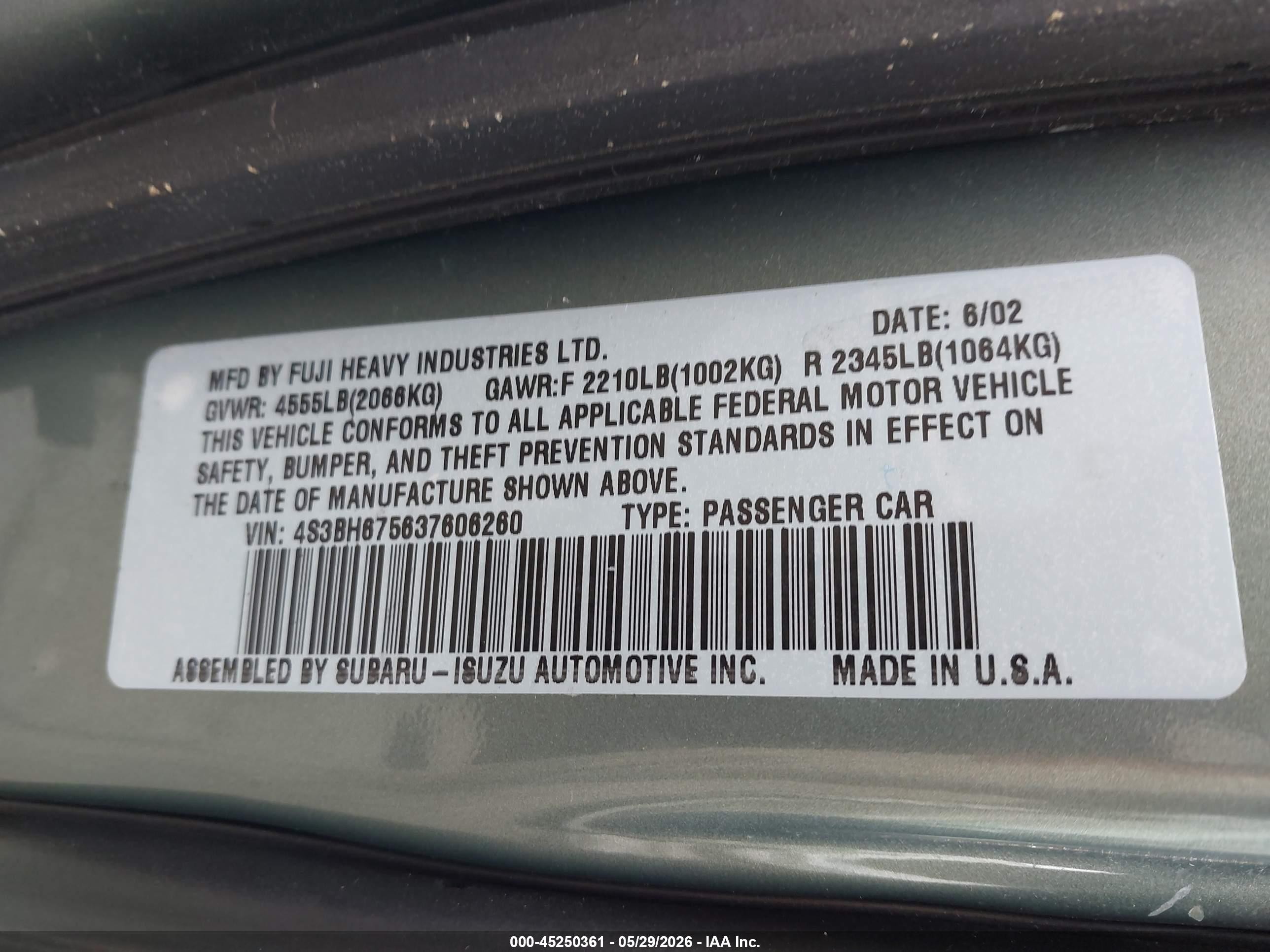 2003 Subaru Legacy Outback Green vin: 4S3BH675637606260