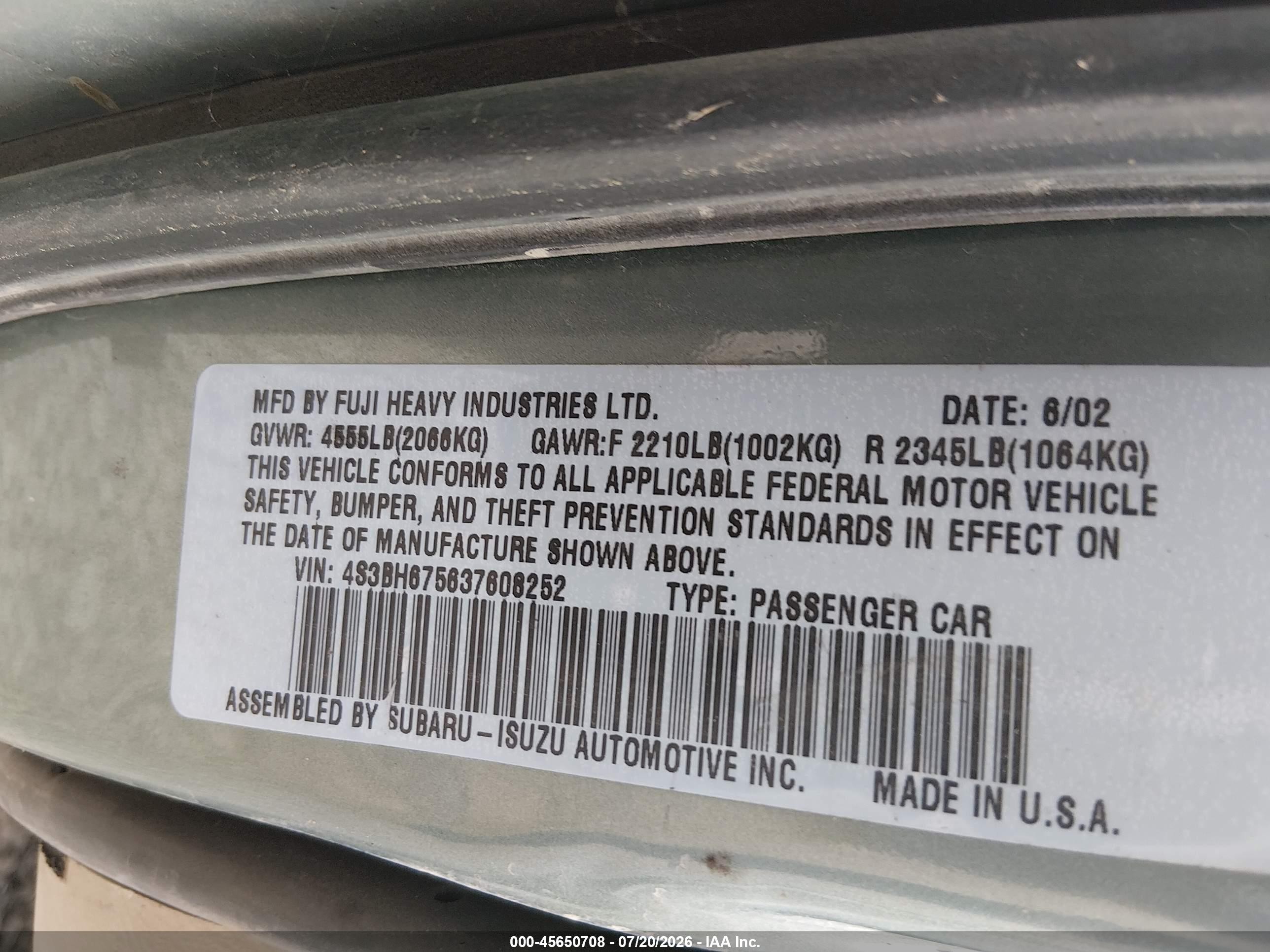 2003 Subaru Outback   Зеленый vin: 4S3BH675637608252