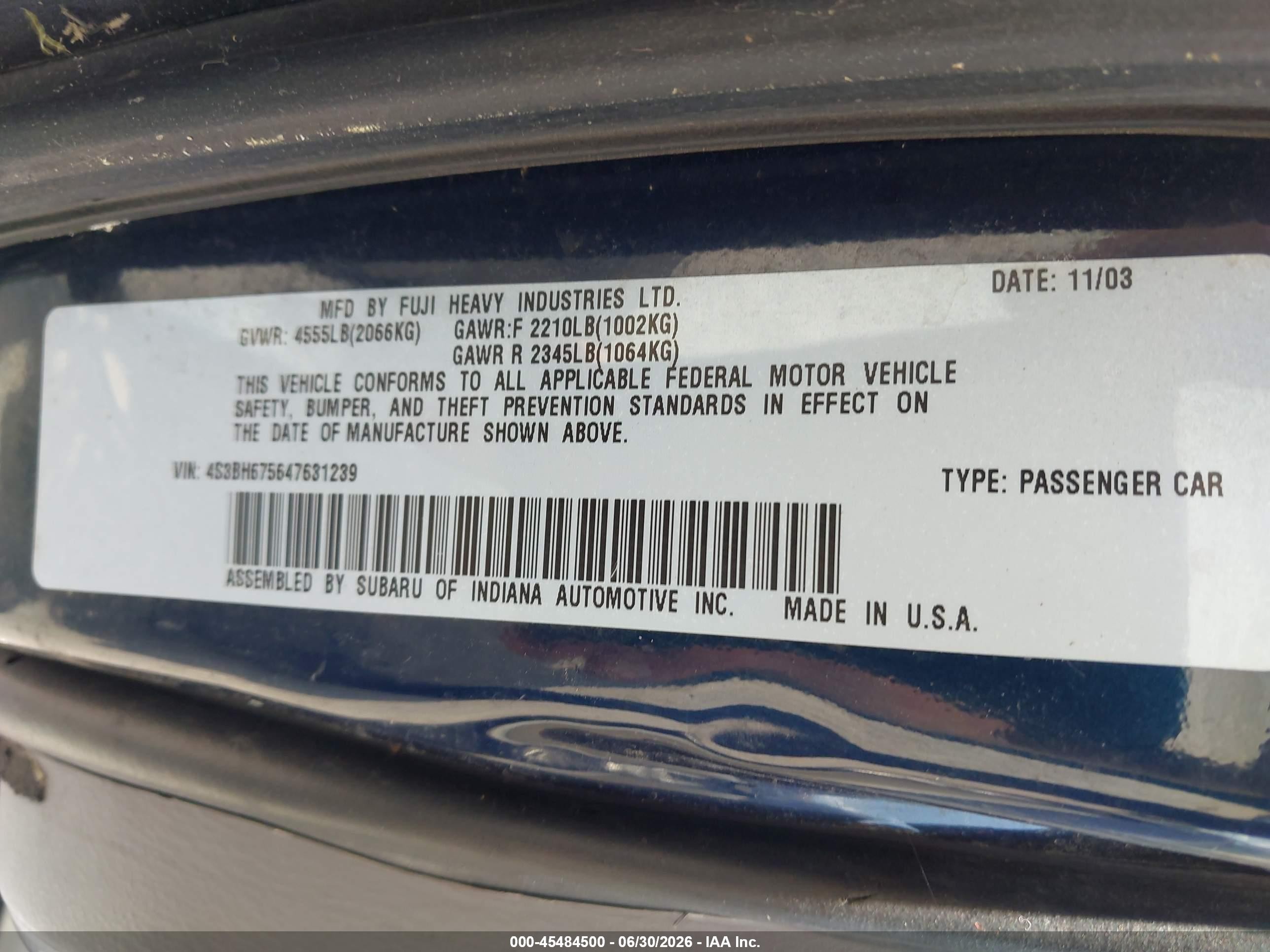 2004 Subaru Outback   Blue vin: 4S3BH675647631239