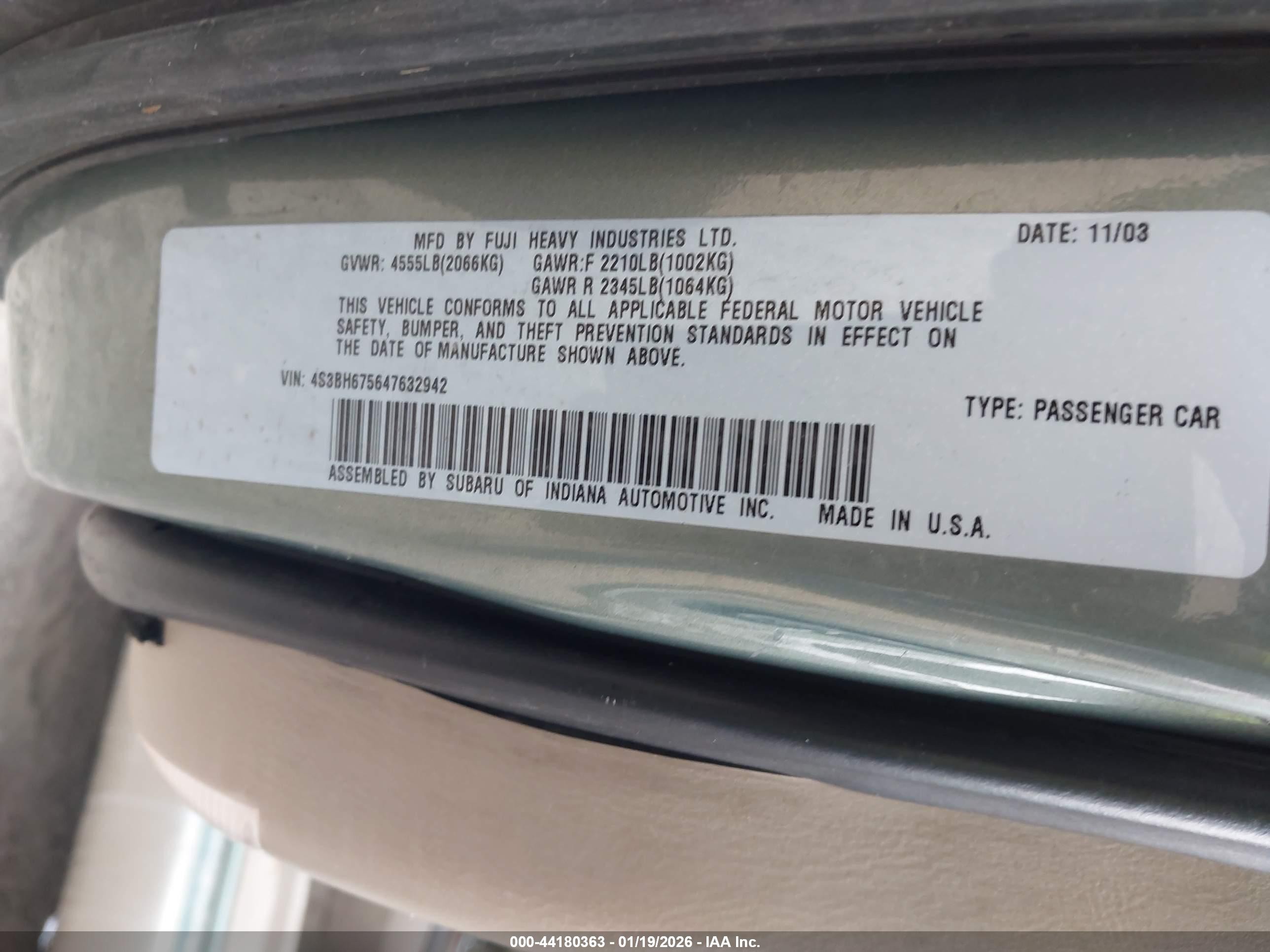 2004 Subaru Outback   Green vin: 4S3BH675647632942