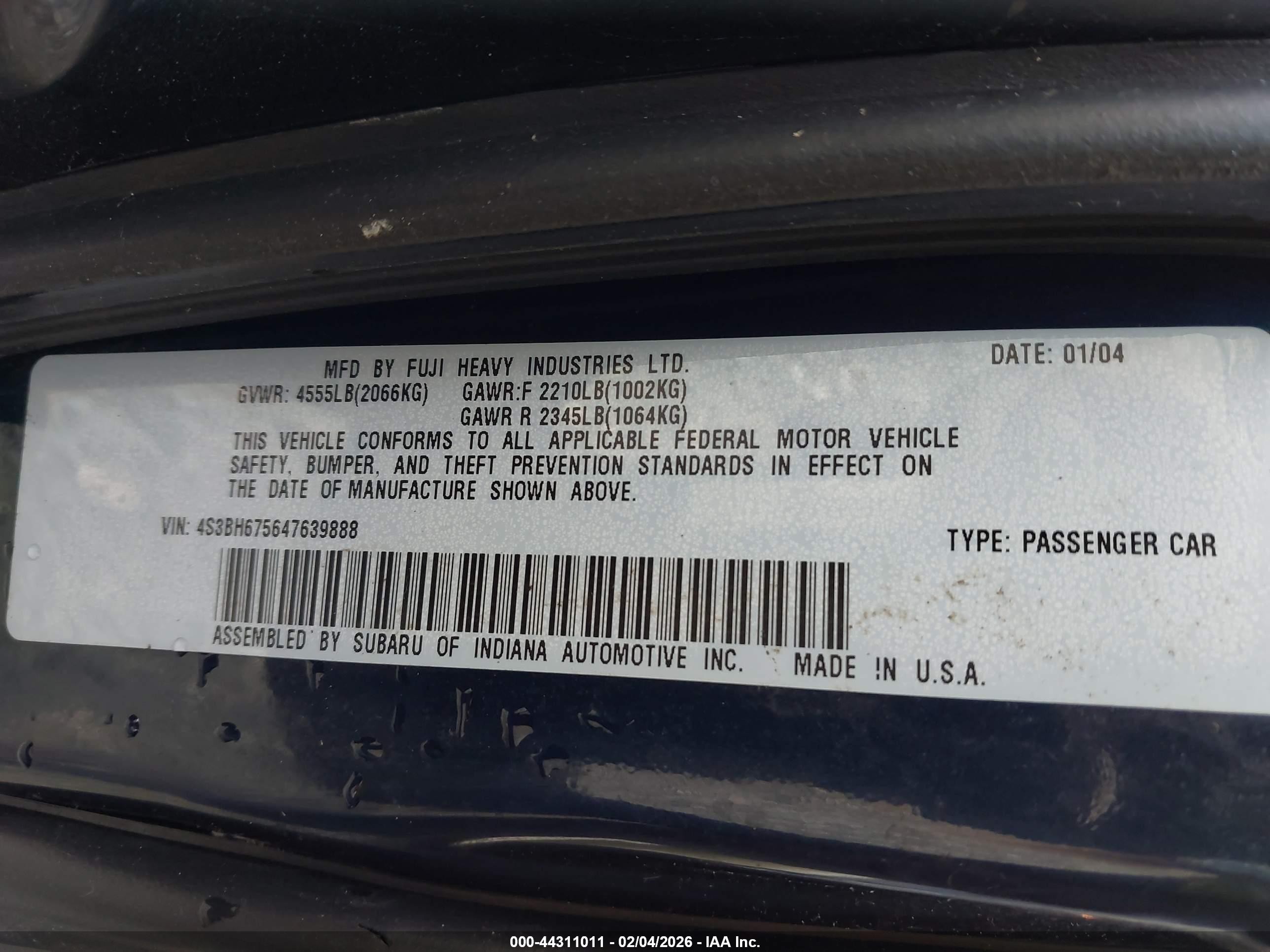 2004 Subaru Outback   Blue vin: 4S3BH675647639888