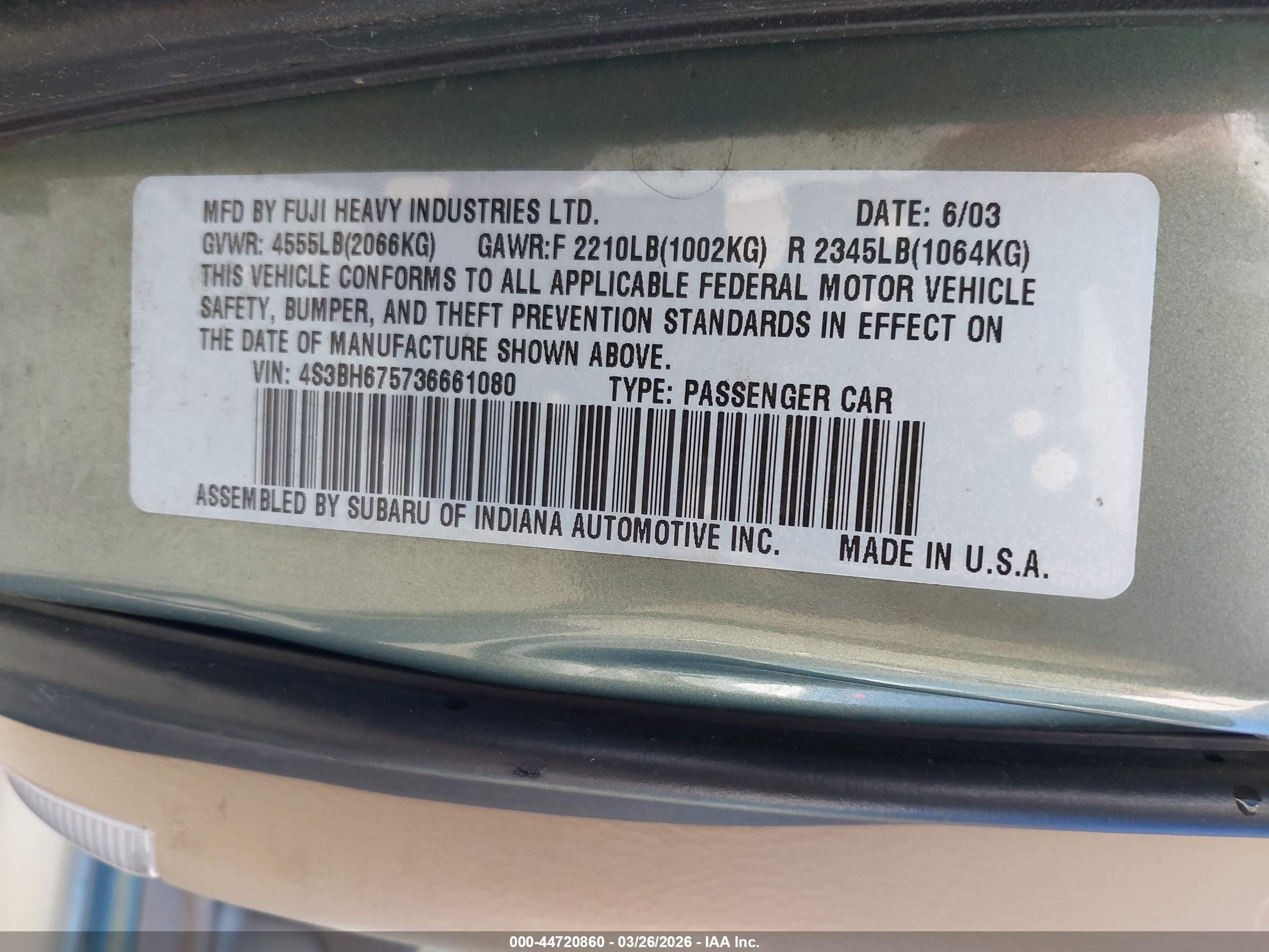 2003 Subaru Outback   Зеленый vin: 4S3BH675736661080