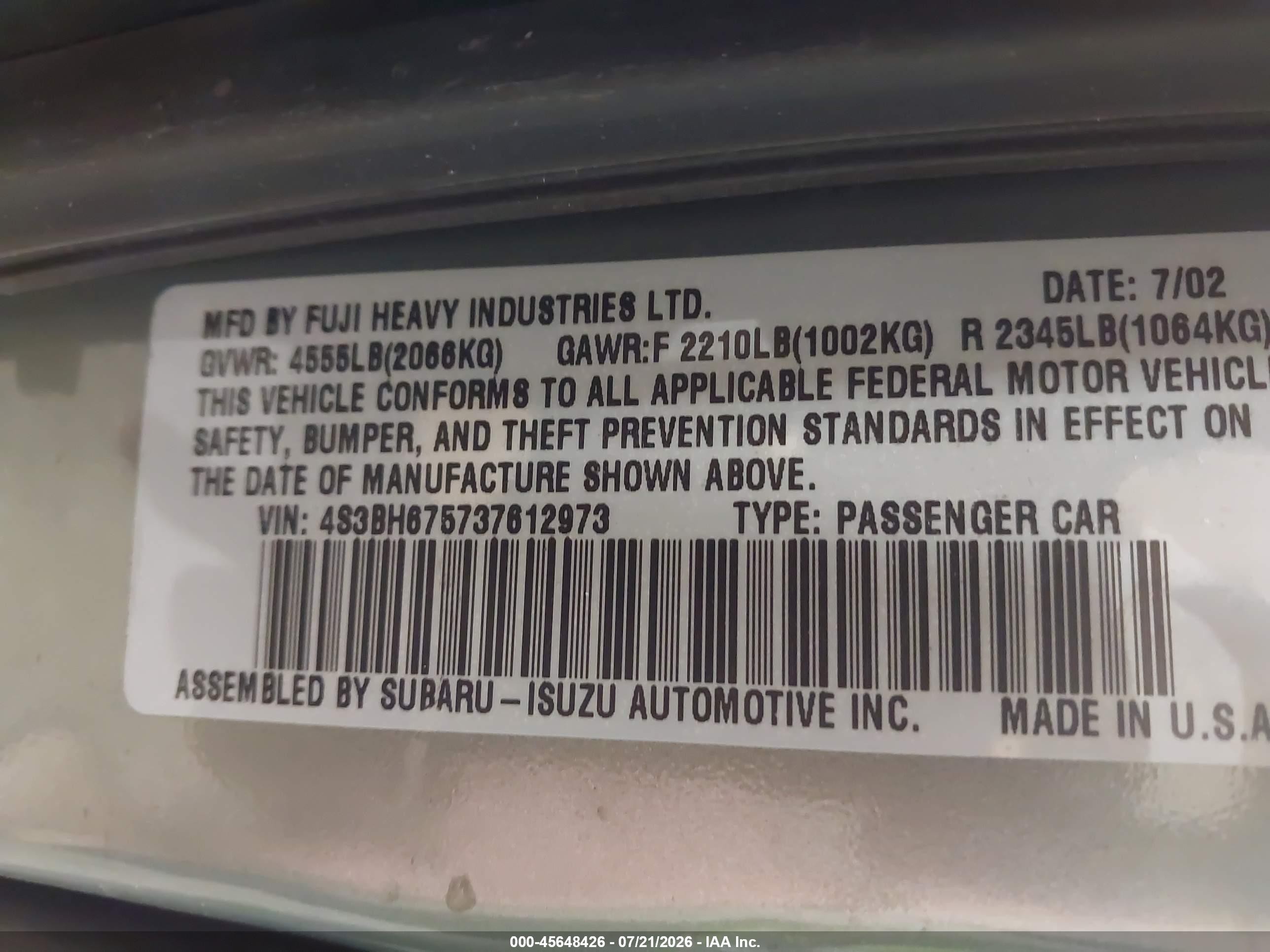 2003 Subaru Outback   Gray vin: 4S3BH675737612973