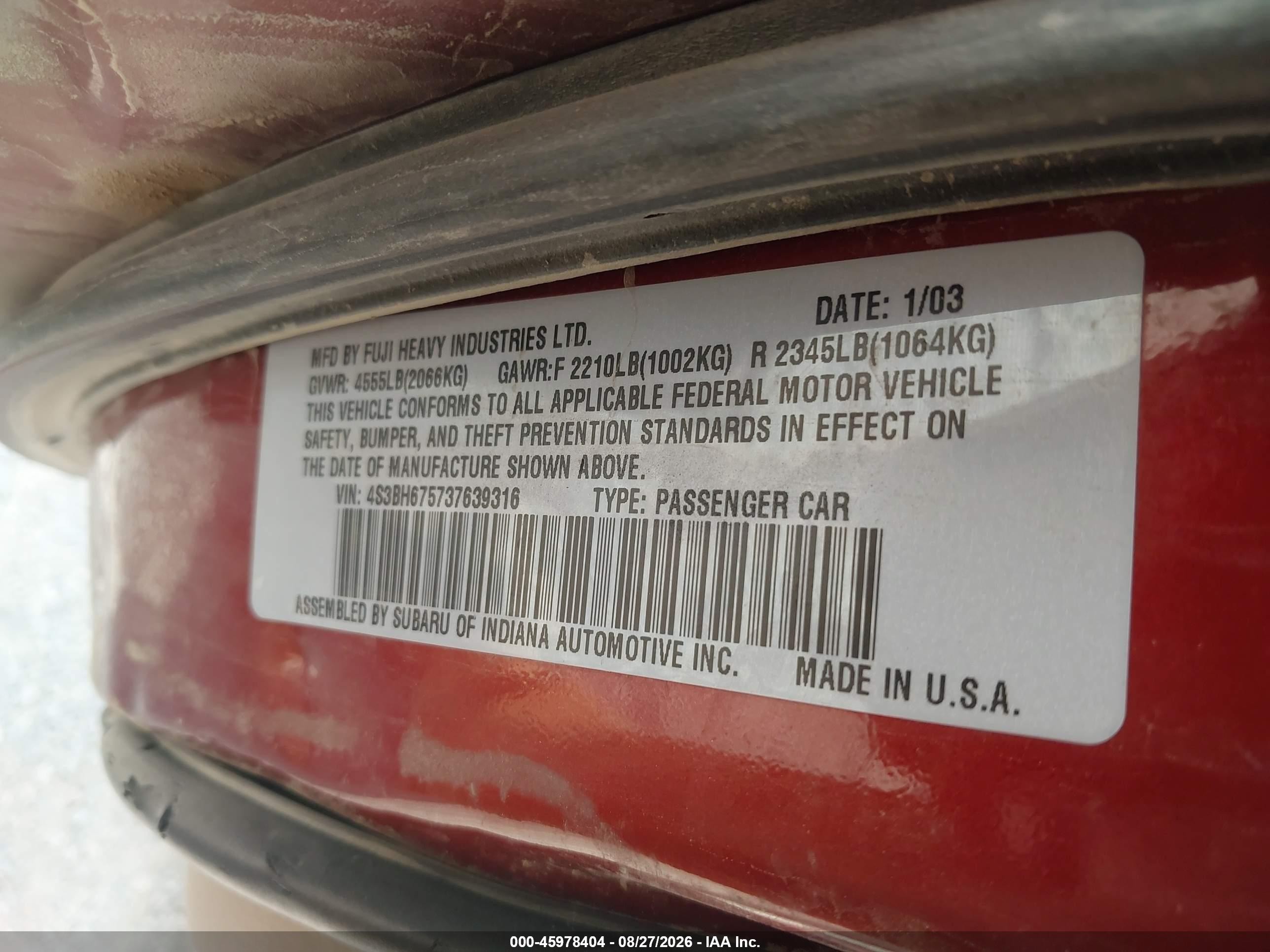 2003 Subaru Outback   Red vin: 4S3BH675737639316