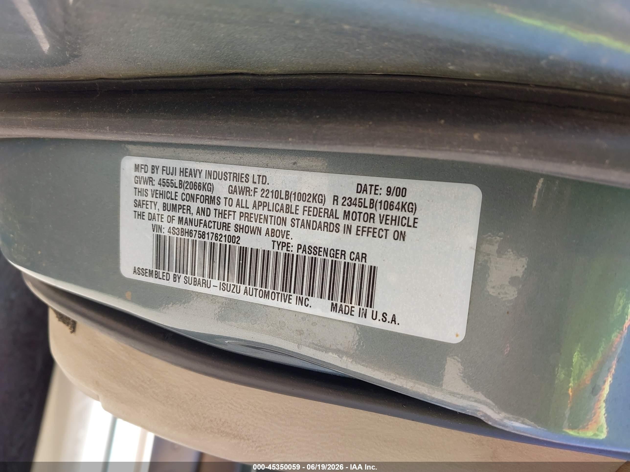 2001 Subaru Outback   Light Blue vin: 4S3BH675817621002