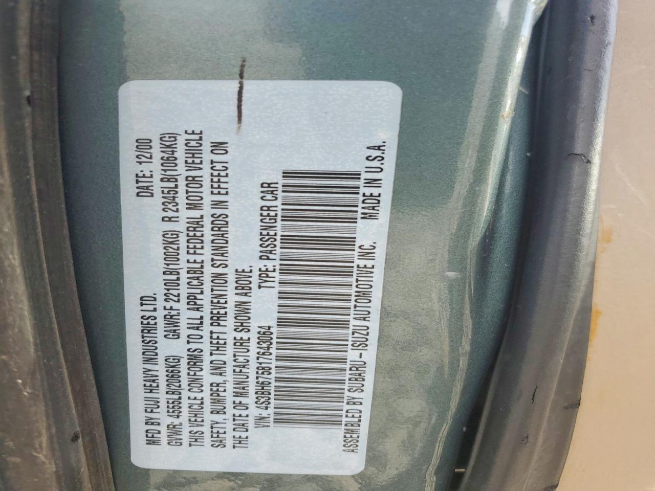 2001 Subaru Legacy Outback Awp Green vin: 4S3BH675817643064