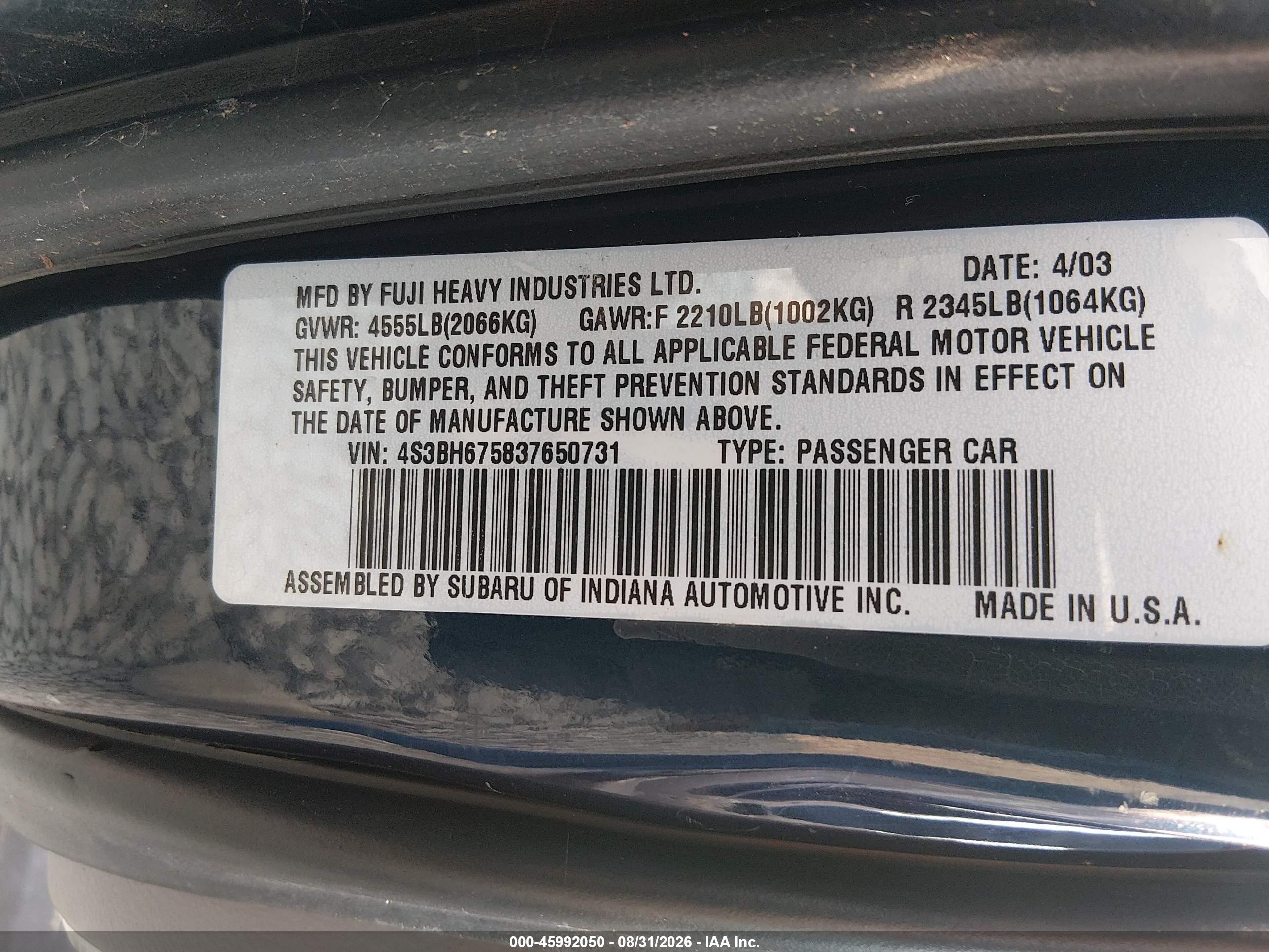 2003 Subaru Outback   Black vin: 4S3BH675837650731