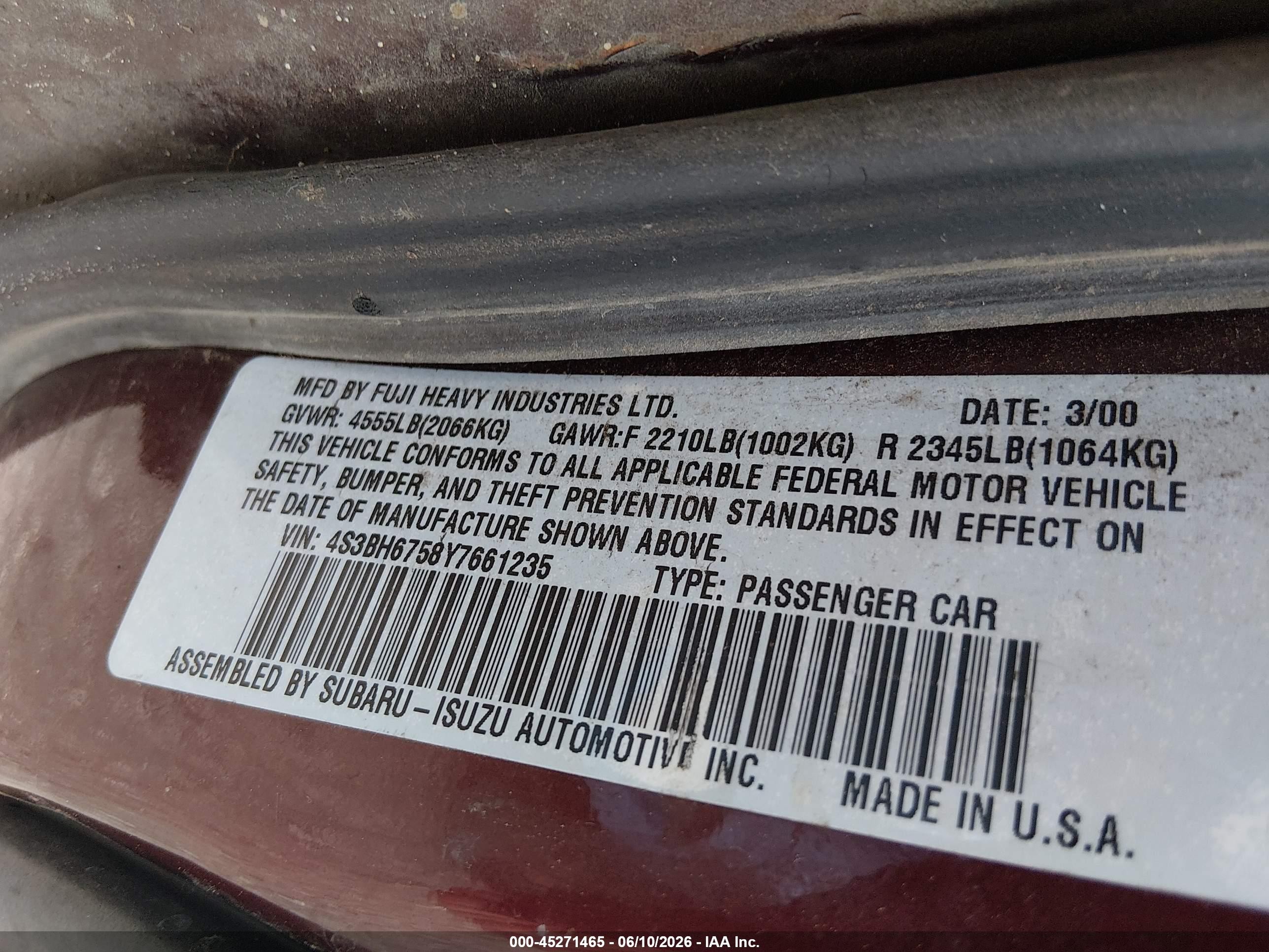 2000 Subaru Outback   Burgundy vin: 4S3BH6758Y7661235