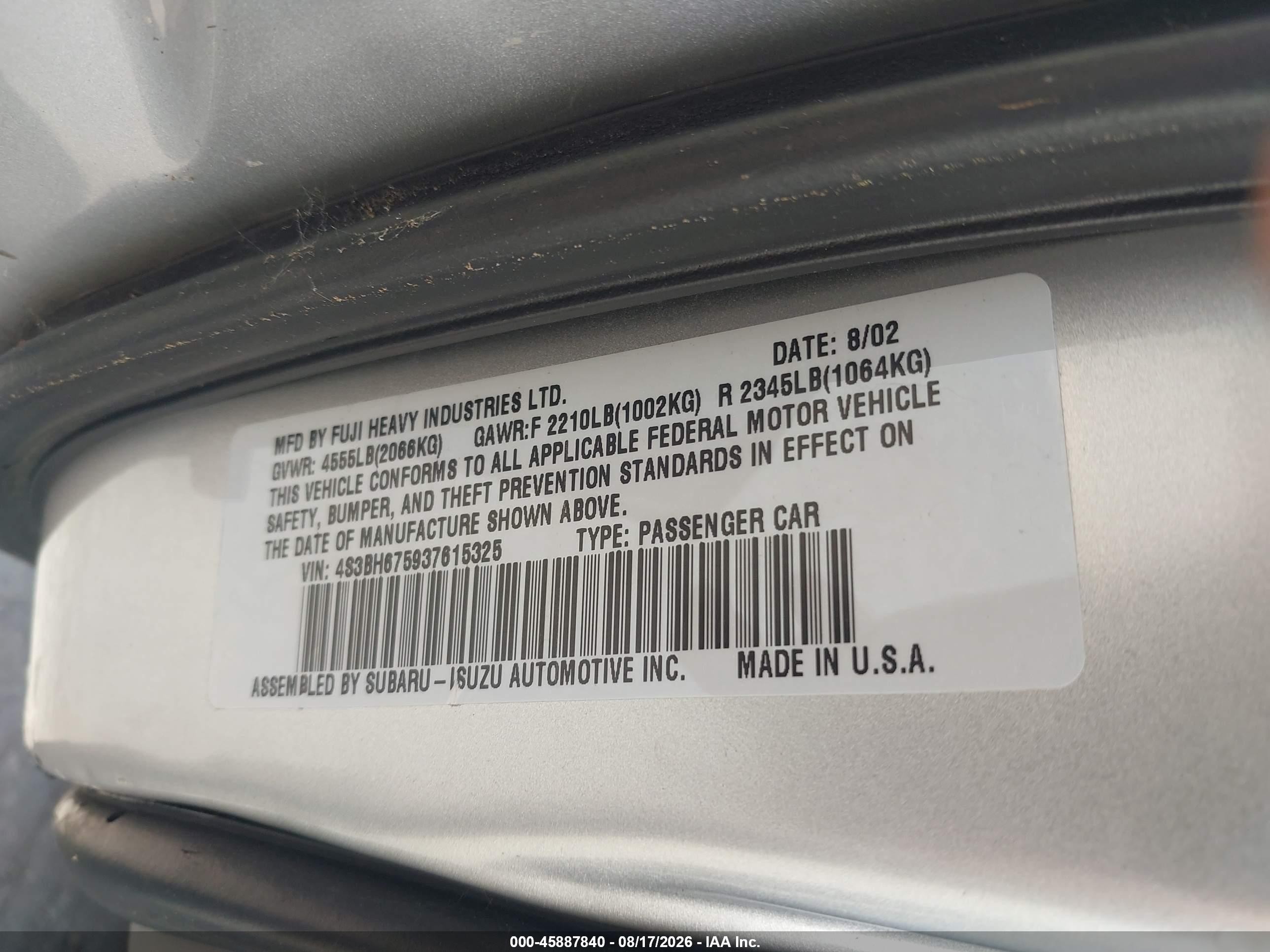 2003 Subaru Outback   Silver vin: 4S3BH675937615325