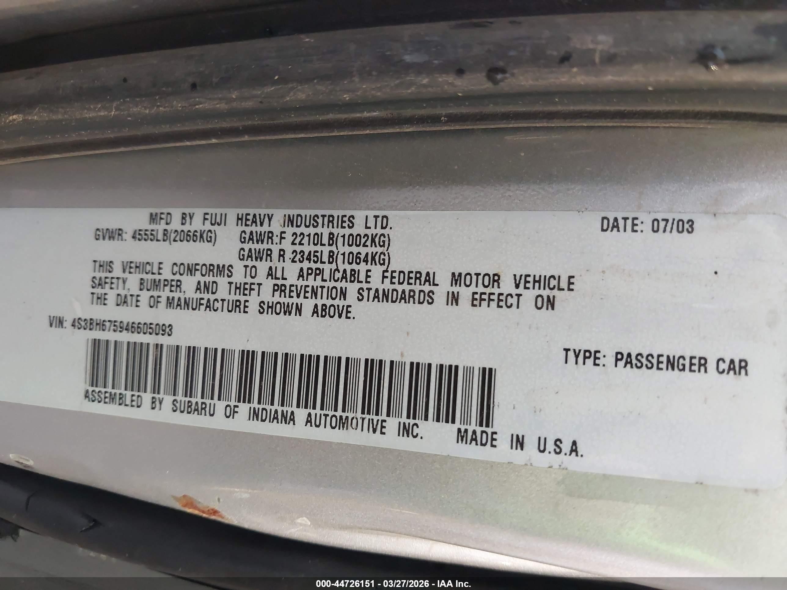 2004 Subaru Outback   Серебряный vin: 4S3BH675946605093