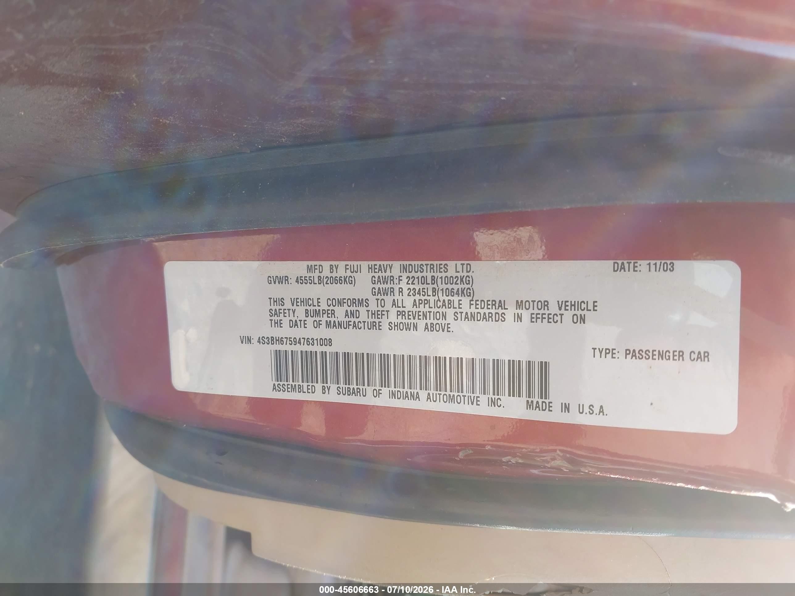 2004 Subaru Outback   Burgundy vin: 4S3BH675947631008