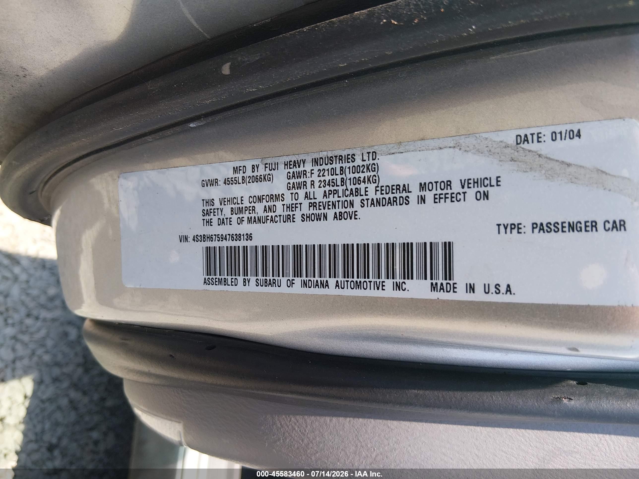 2004 Subaru Outback   Silver vin: 4S3BH675947638136