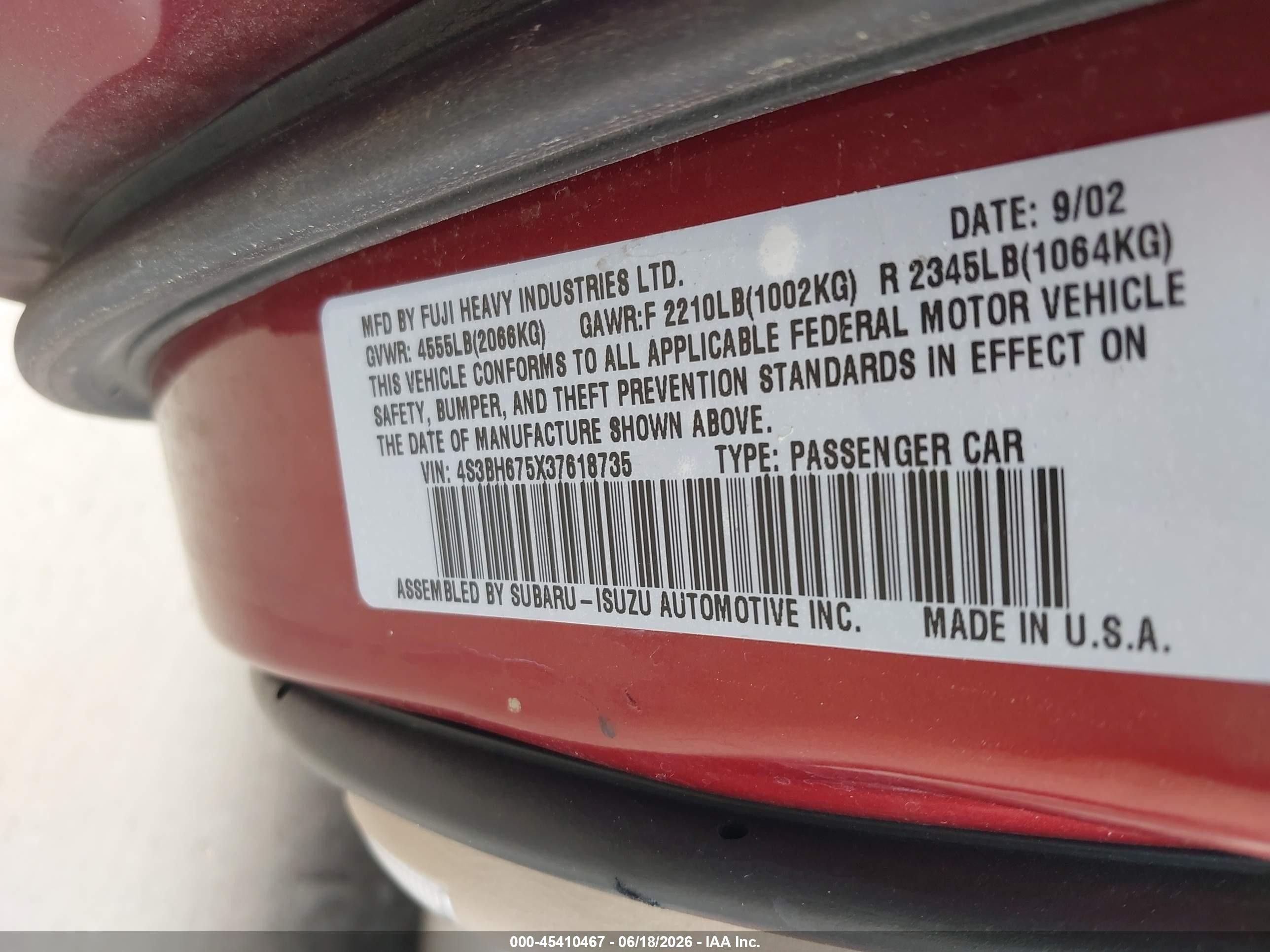 2003 Subaru Outback   Burgundy vin: 4S3BH675X37618735