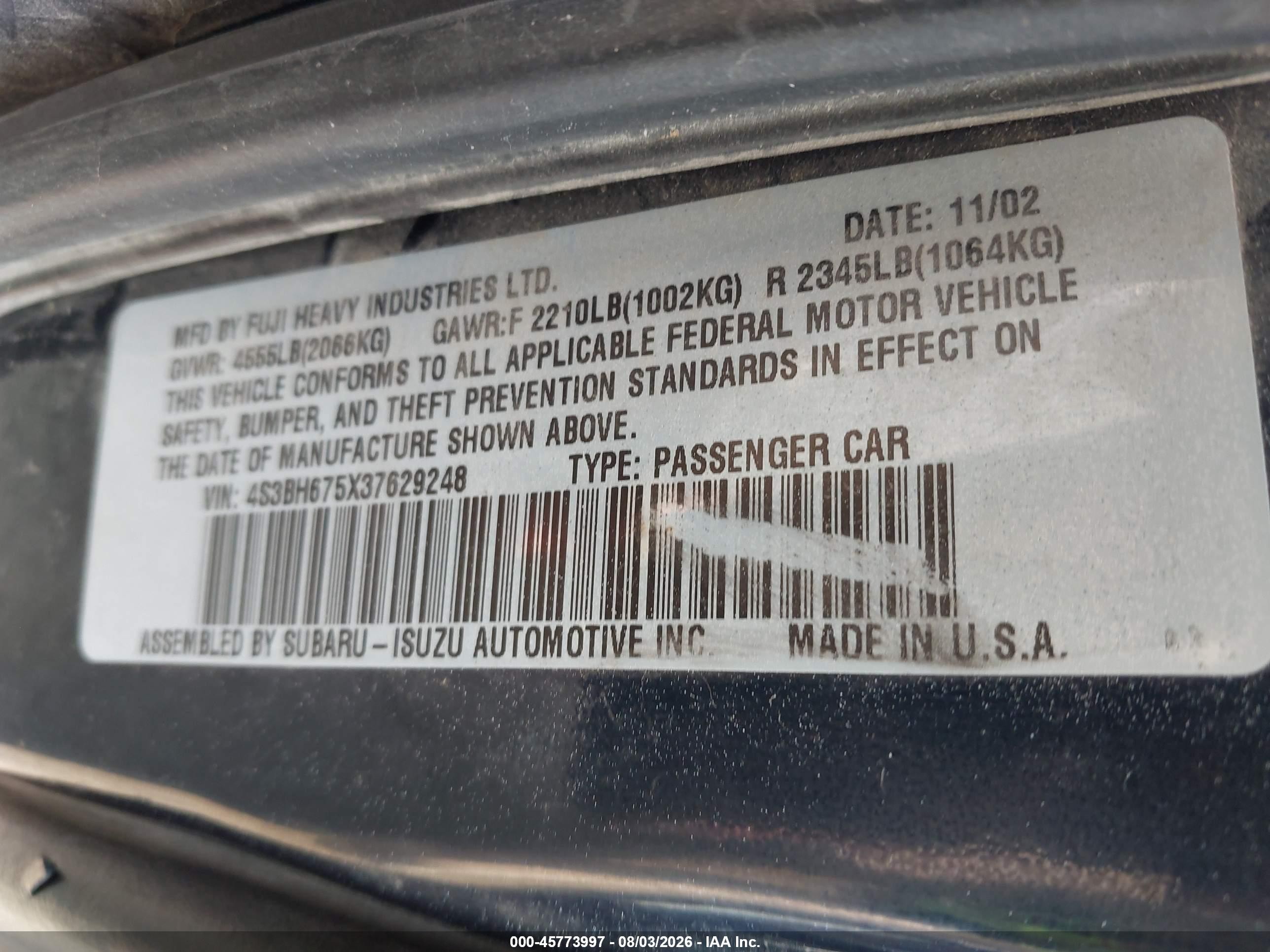 2003 Subaru Outback   Blue vin: 4S3BH675X37629248