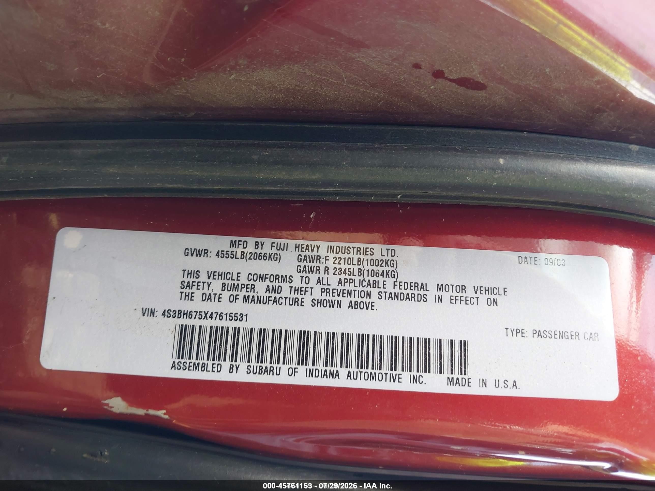 2004 Subaru Outback   Red vin: 4S3BH675X47615531