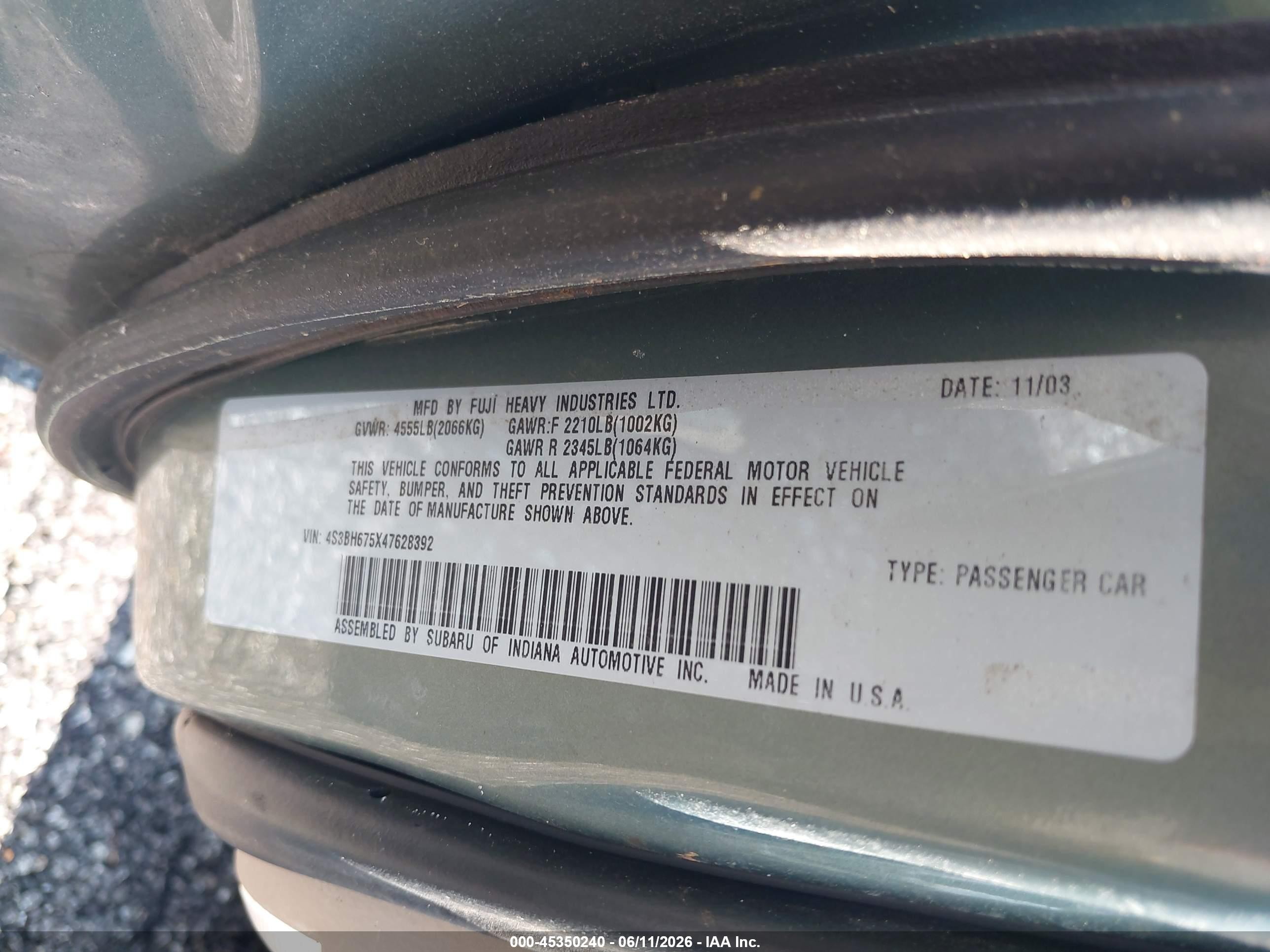 2004 Subaru Outback   Зеленый vin: 4S3BH675X47628392
