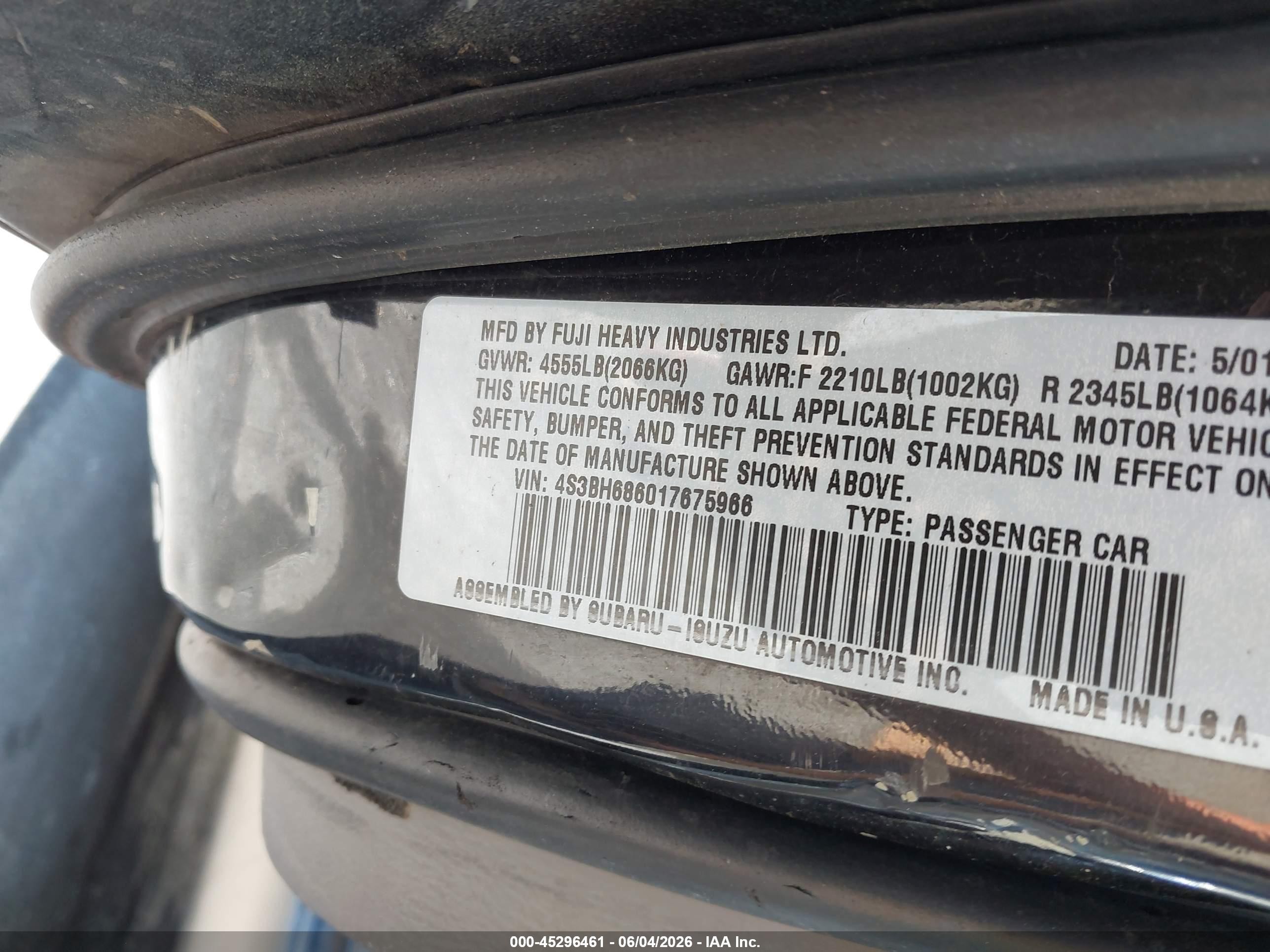 2001 Subaru Outback Limited Black vin: 4S3BH686017675966