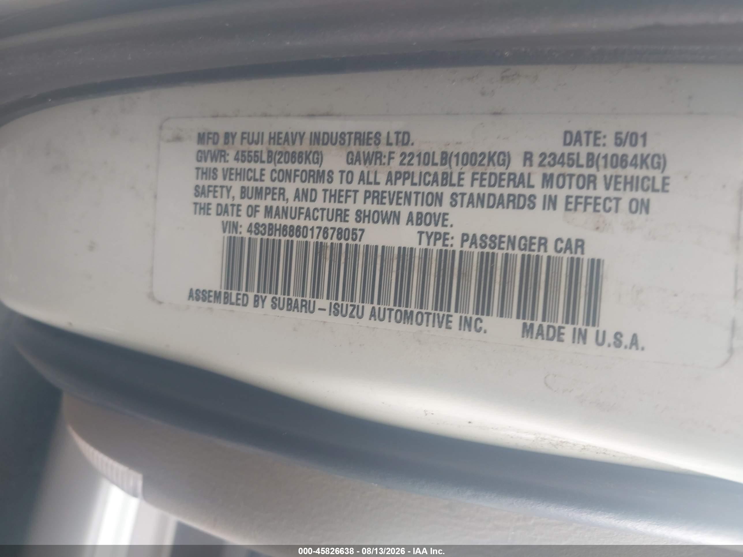 2001 Subaru Outback Limited White vin: 4S3BH686017678057