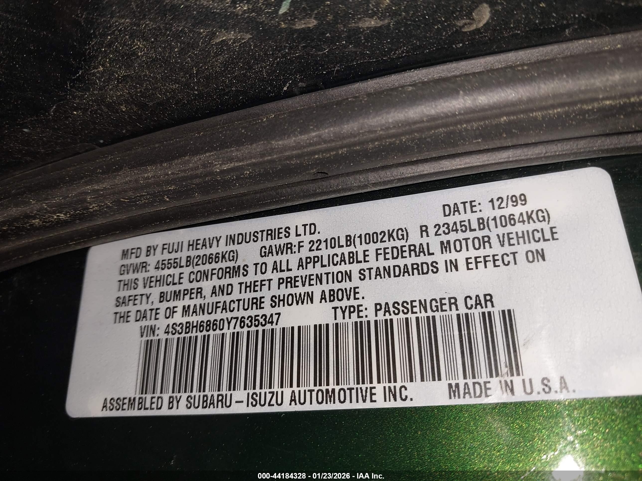 2000 Subaru Outback Limited Green vin: 4S3BH6860Y7635347