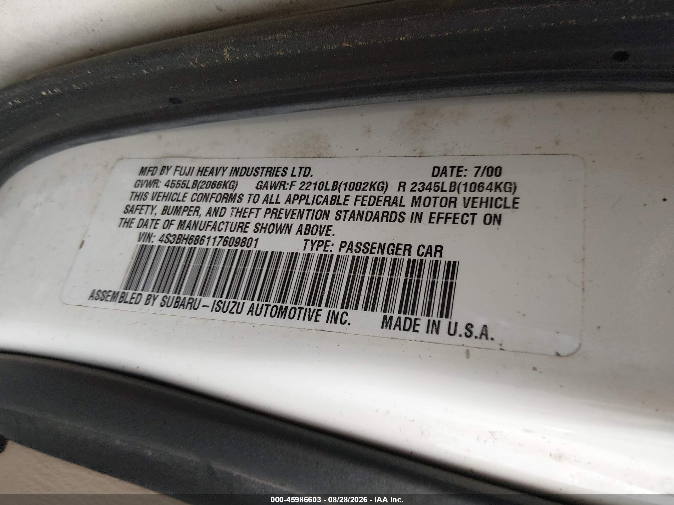 2001 Subaru Outback Limited White vin: 4S3BH686117609801