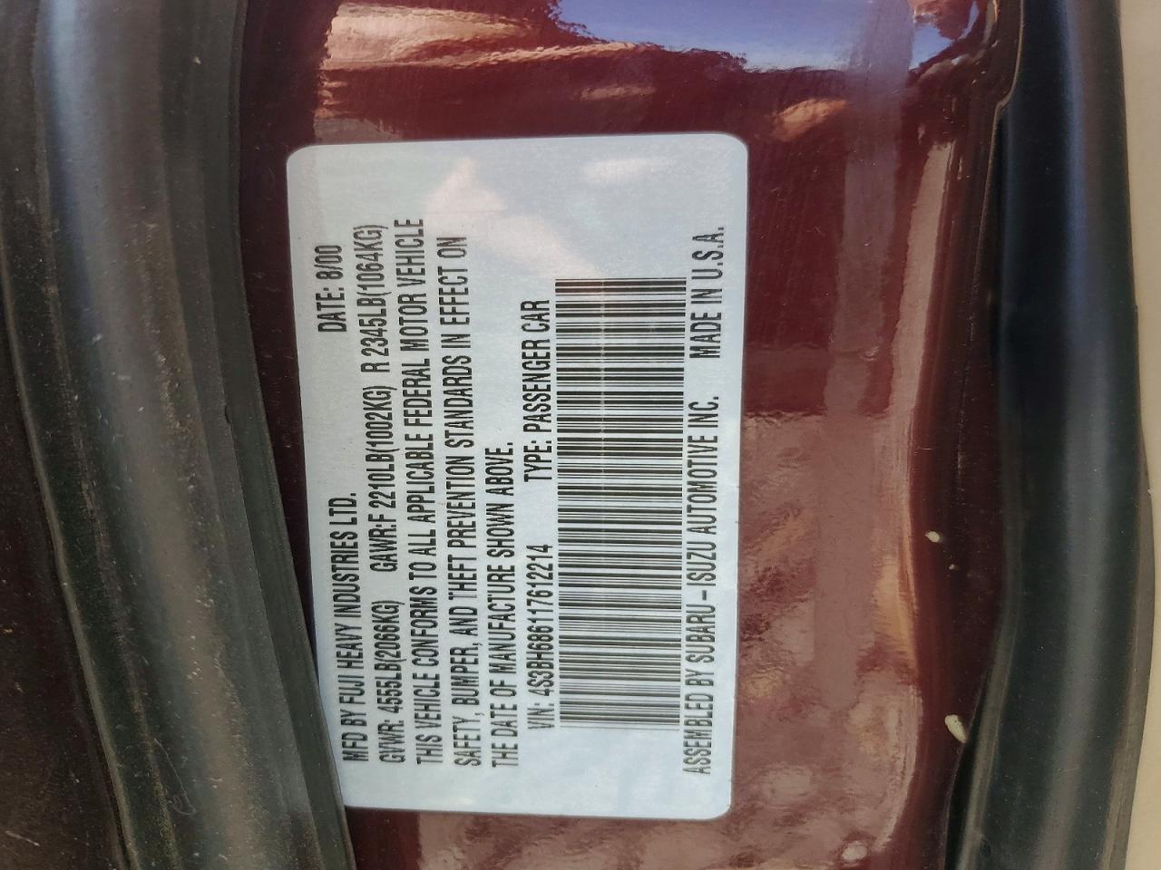 2001 Subaru Legacy Outback Limited Red vin: 4S3BH686117612214