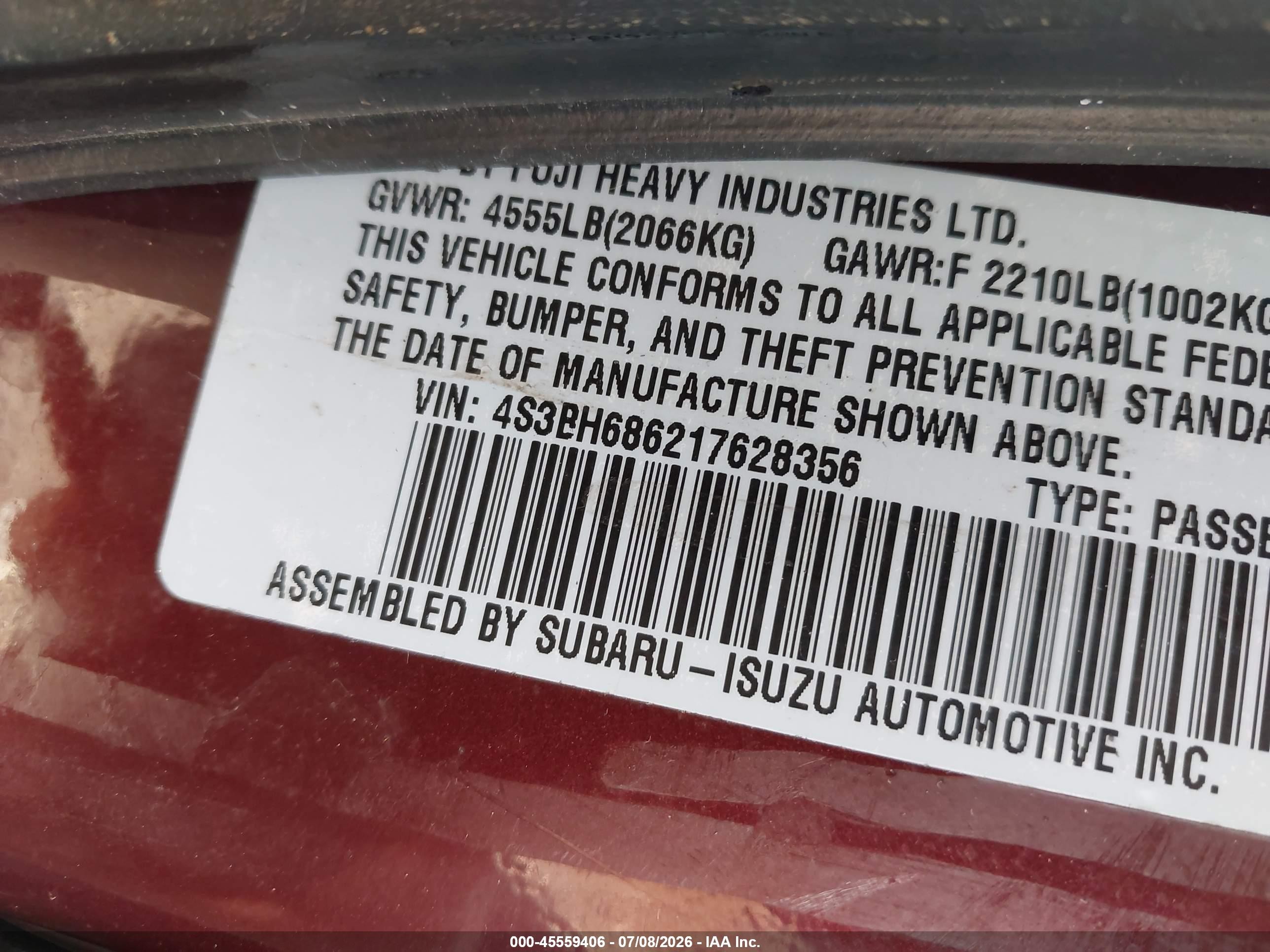 2001 Subaru Outback Limited Red vin: 4S3BH686217628356