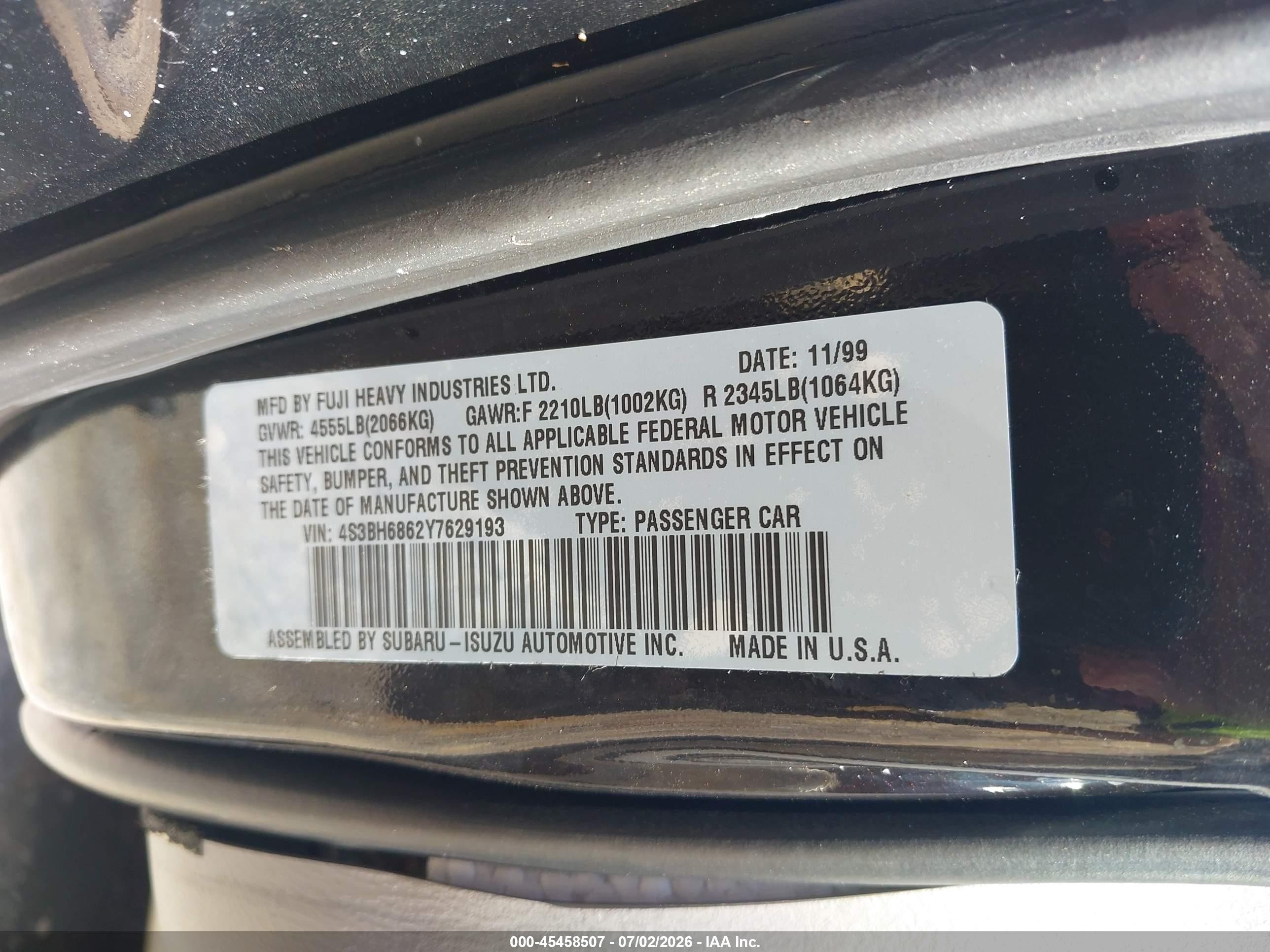 2000 Subaru Outback Limited Black vin: 4S3BH6862Y7629193