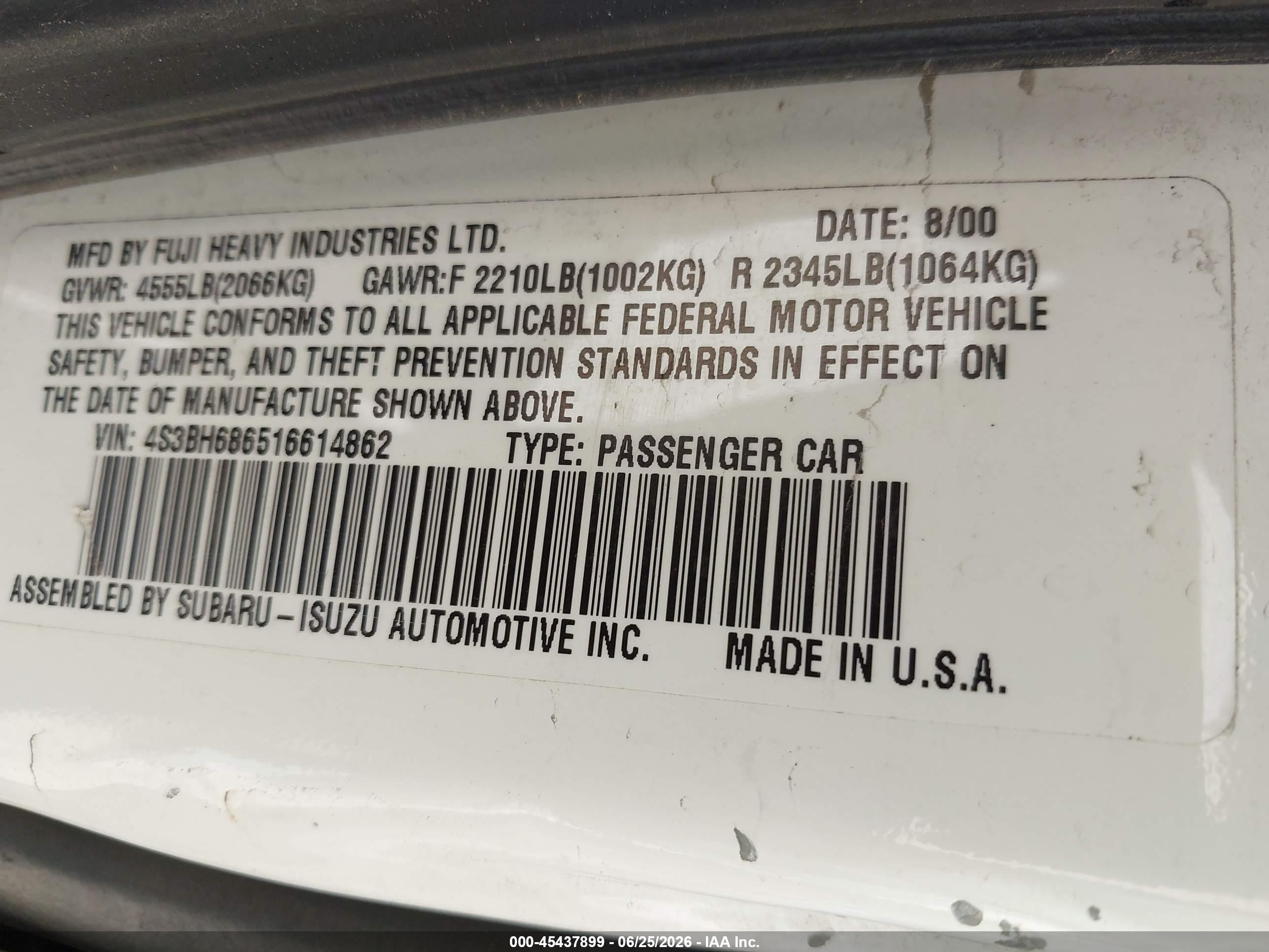 2001 Subaru Outback Limited White vin: 4S3BH686516614862