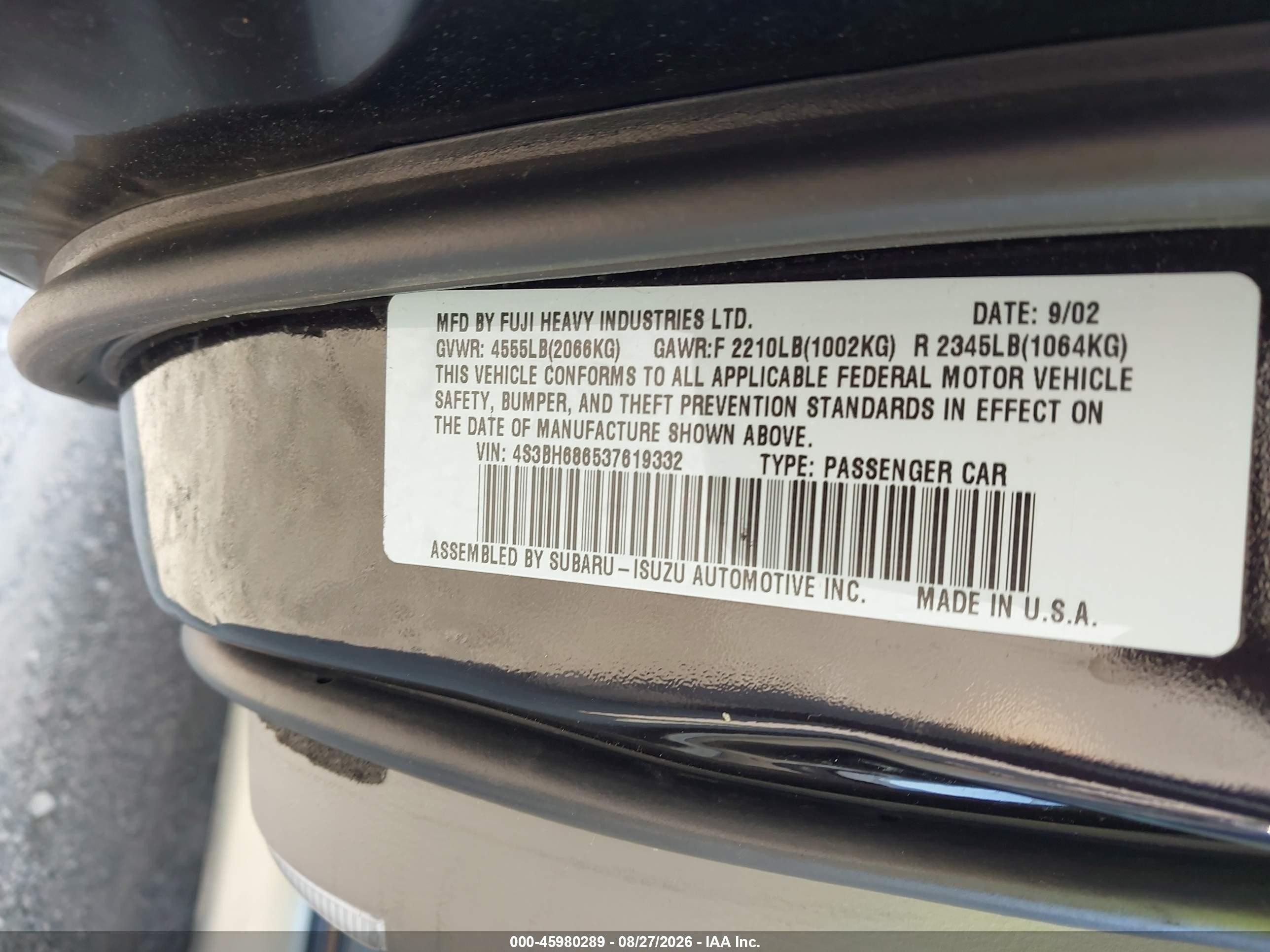 2003 Subaru Outback Limited Black vin: 4S3BH686537619332