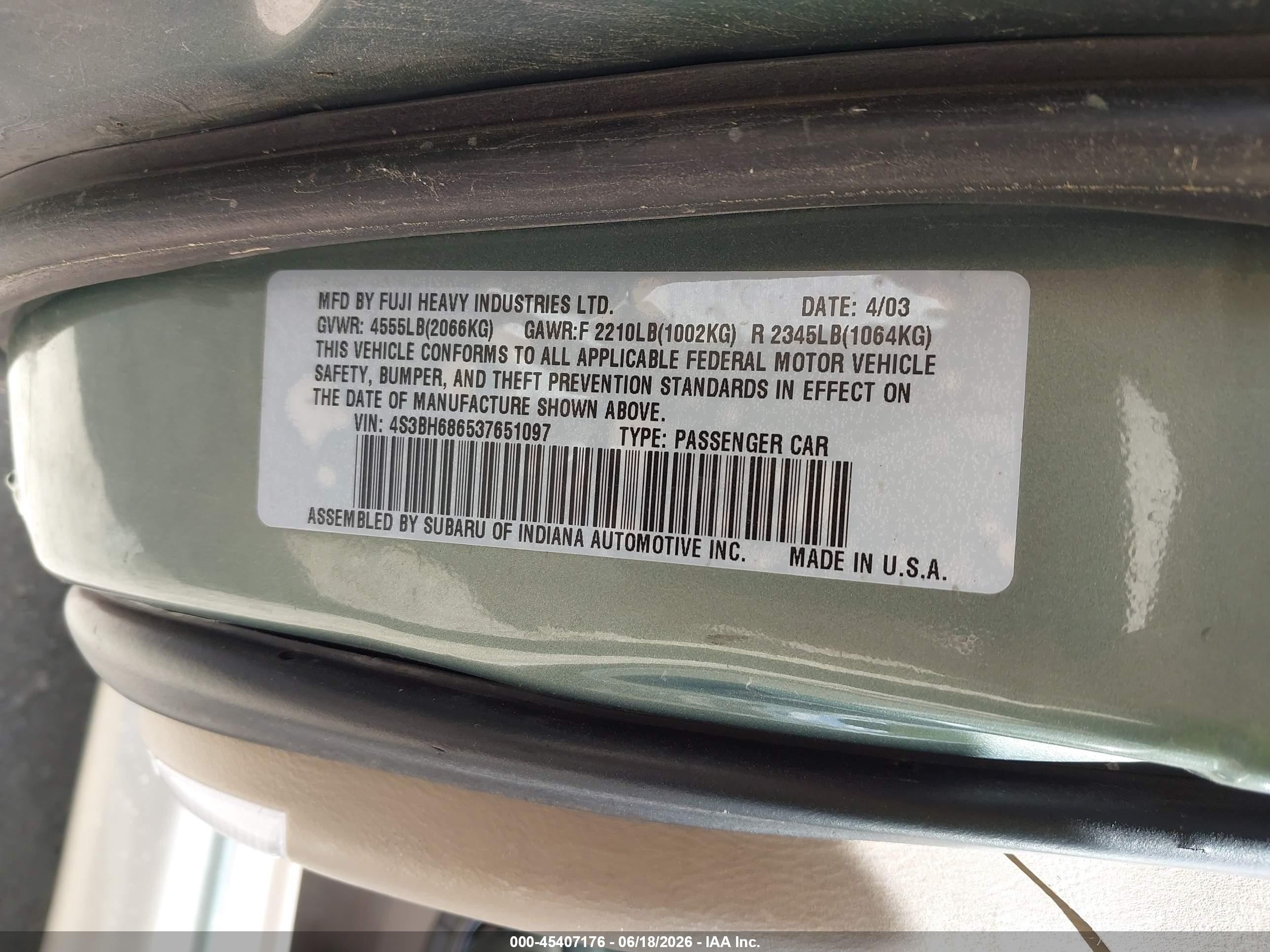 2003 Subaru Outback Limited Green vin: 4S3BH686537651097