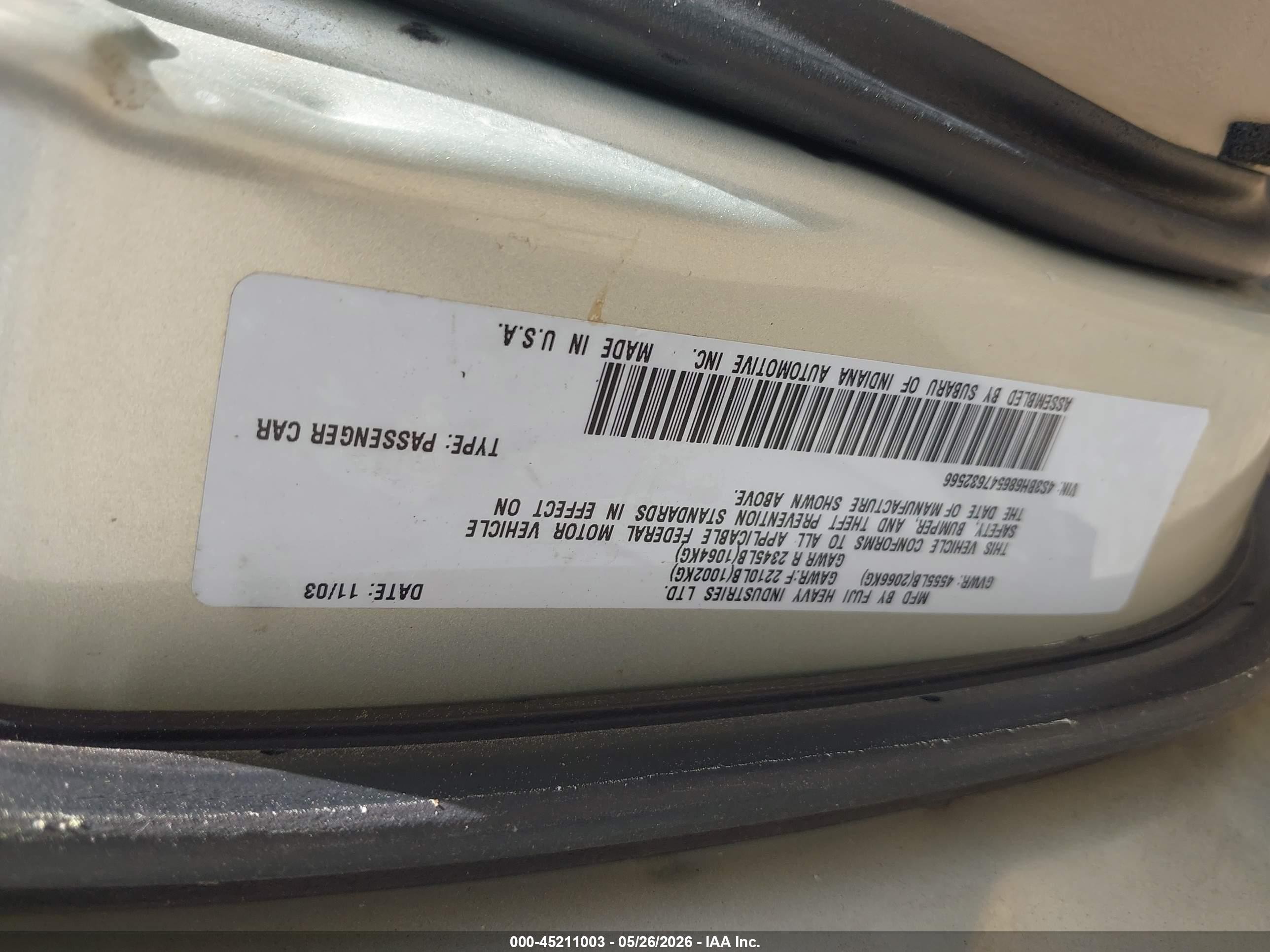 2004 Subaru Outback Limited Gold vin: 4S3BH686547632566
